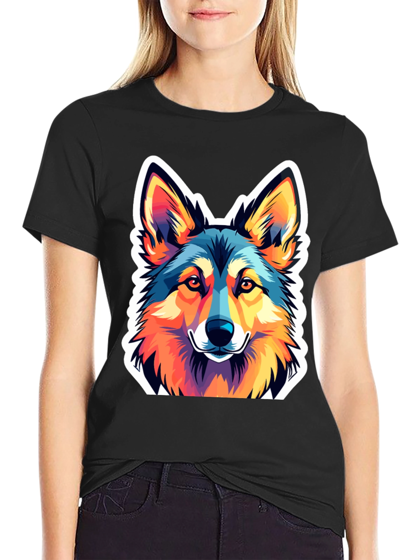 Vibrant Wolf Graphic Tee - Stylish Mens Black T-Shirt