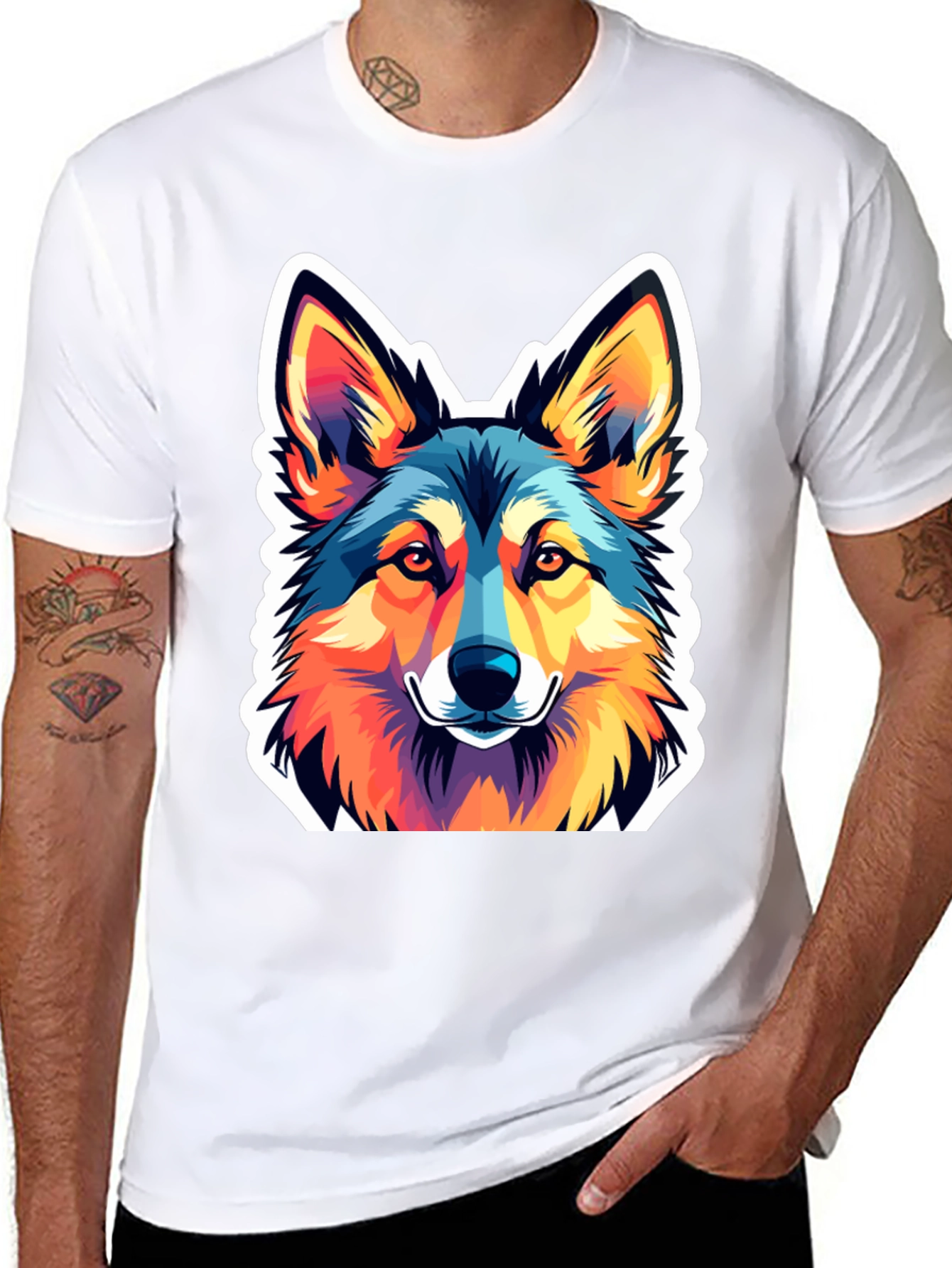 Vibrant Wolf Graphic Tee - Stylish Mens Black T-Shirt