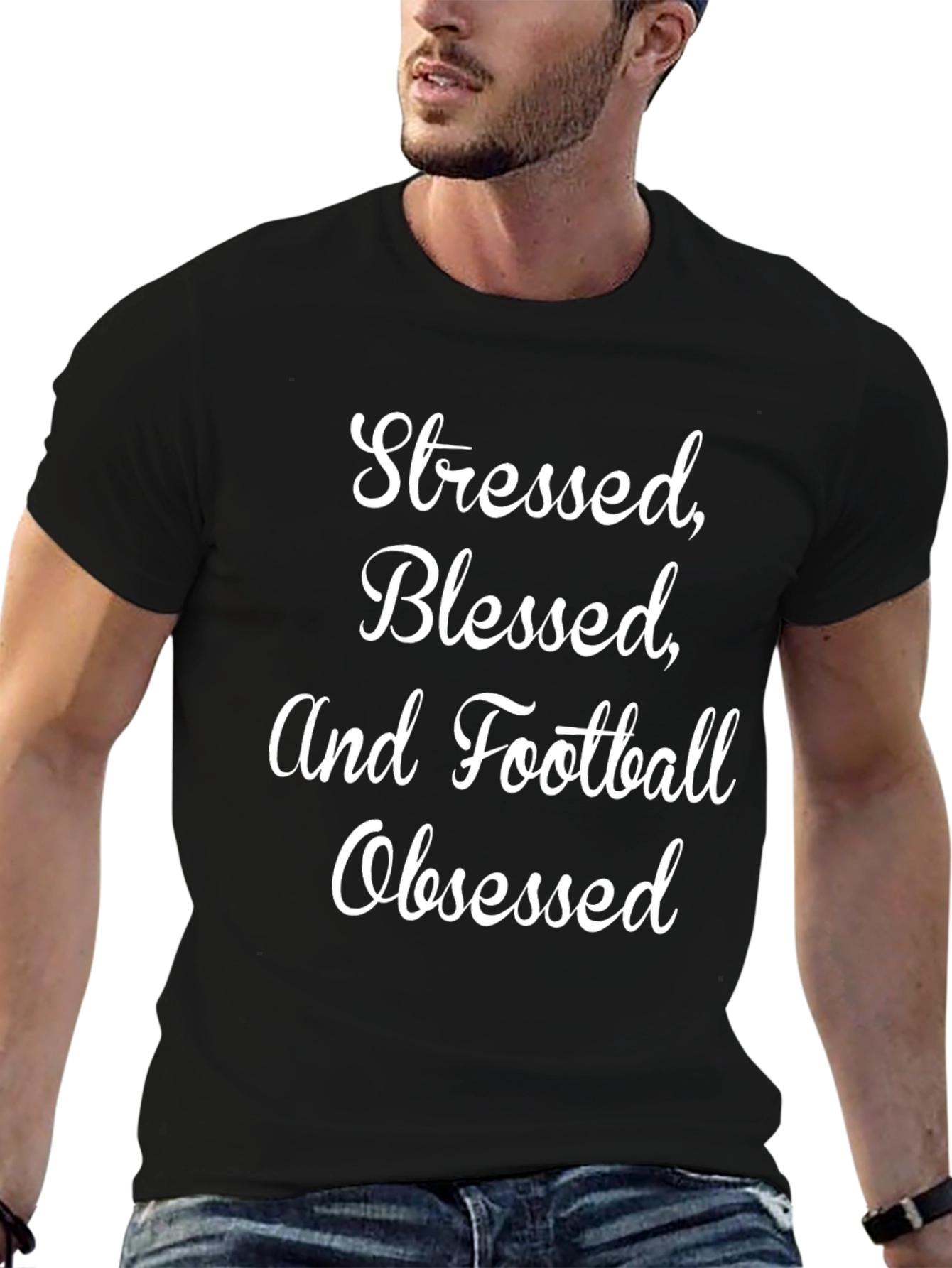 Stressed Blessed Football Obsessed Black T-Shirt