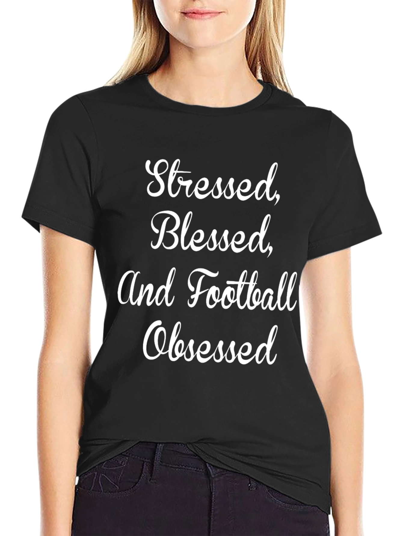 Stressed Blessed Football Obsessed Black T-Shirt