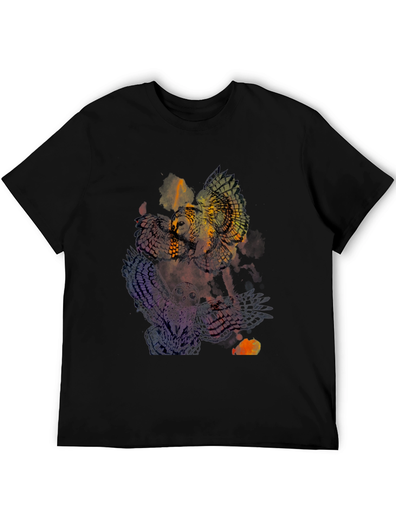 Mens Owl Graphic Print Crew Neck Tee - Black