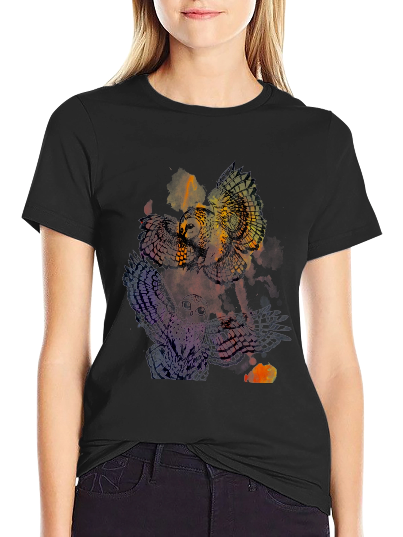 Mens Owl Graphic Print Crew Neck Tee - Black
