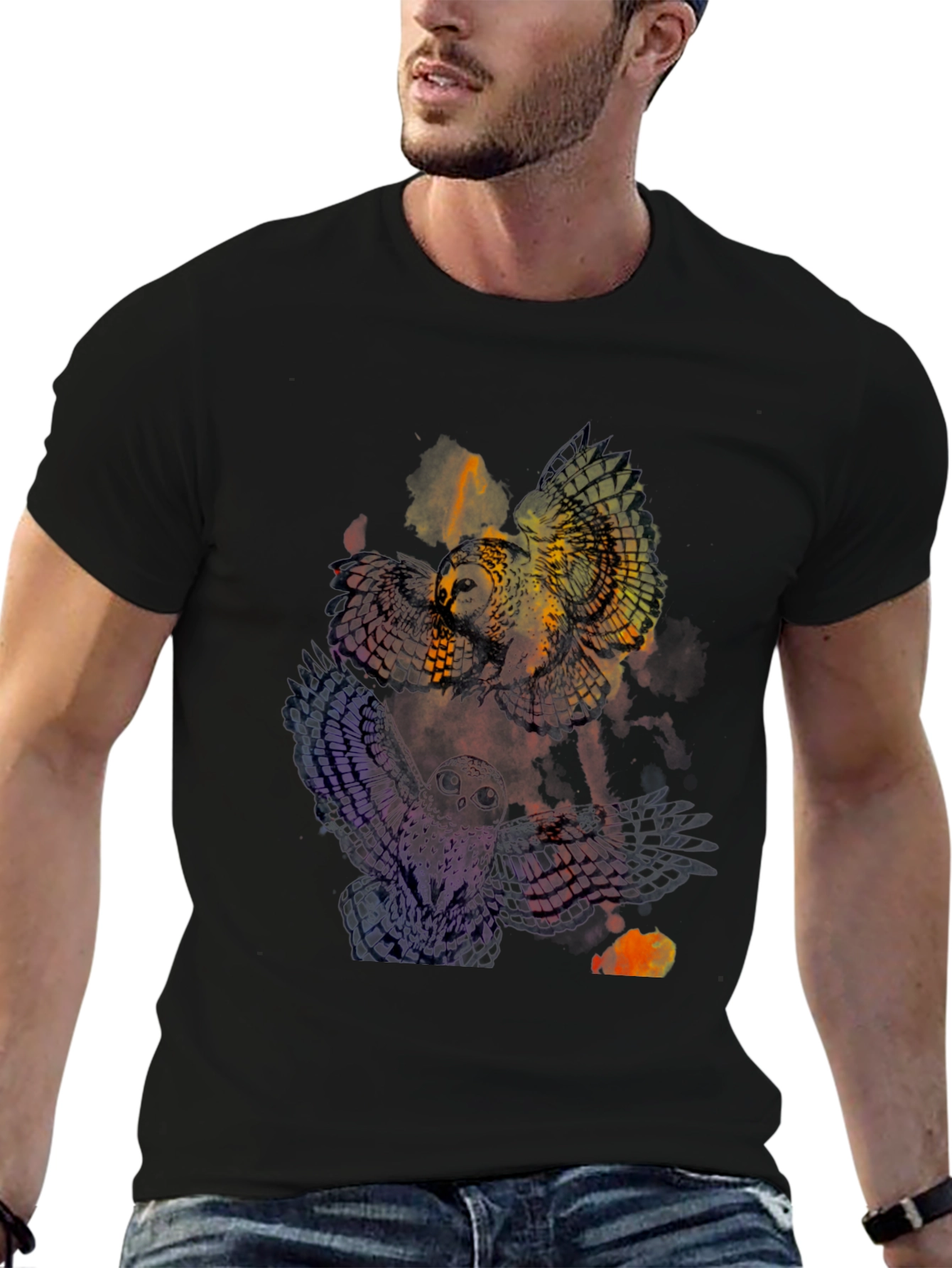Mens Owl Graphic Print Crew Neck Tee - Black