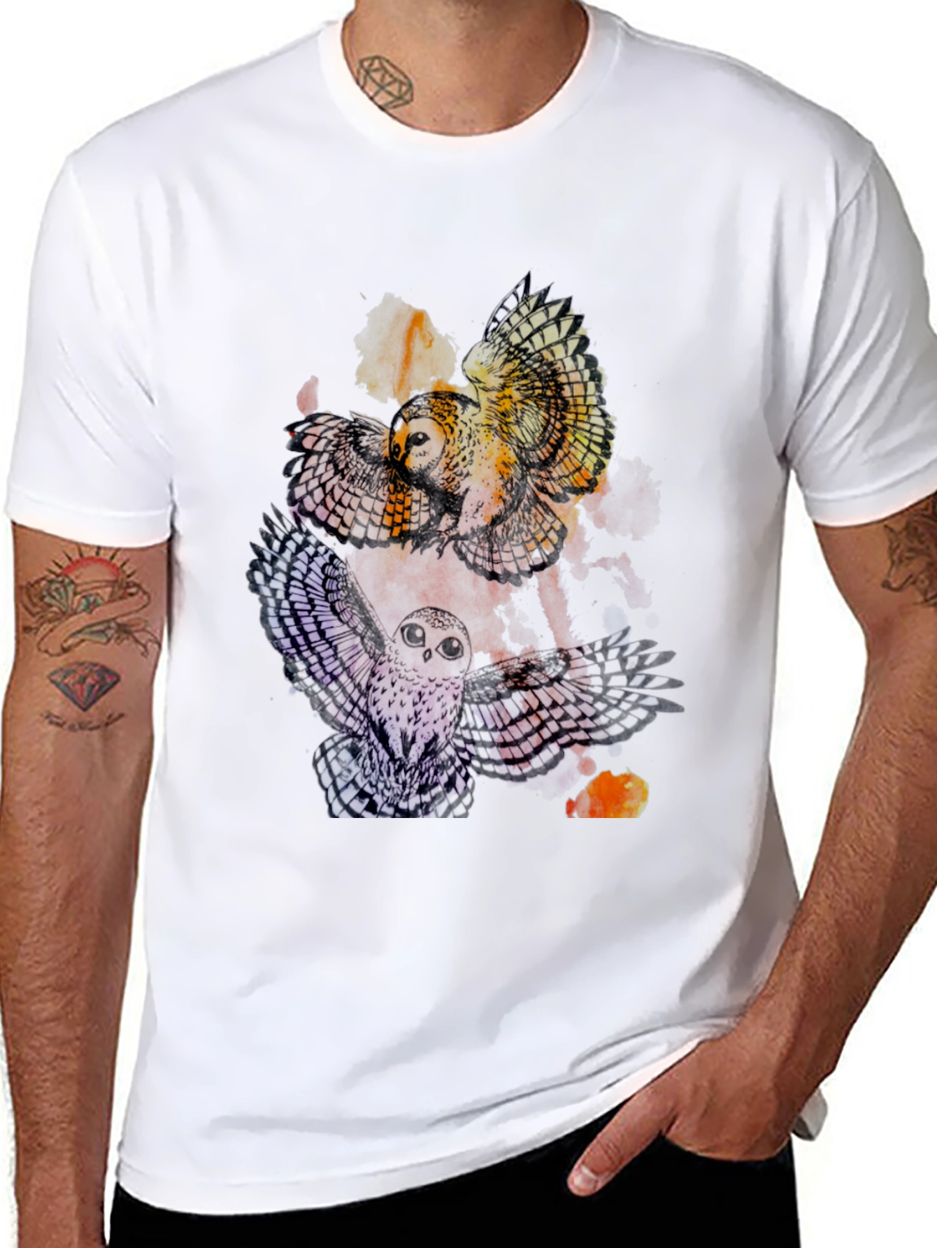 Mens Owl Graphic Print Crew Neck Tee - Black