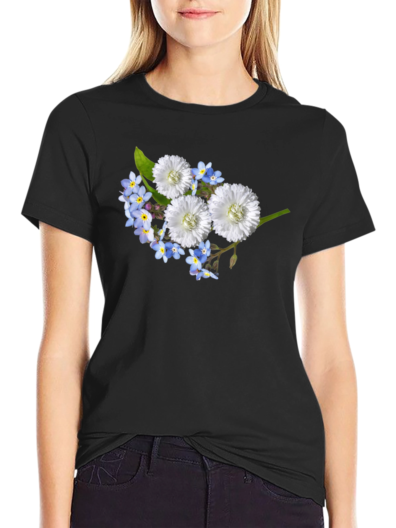 Floral T-Shirt: Forget-Me-Nots & White Flowers