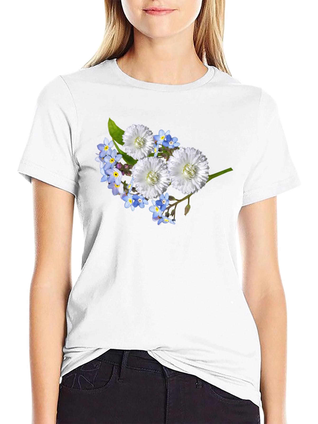 Floral T-Shirt: Forget-Me-Nots & White Flowers