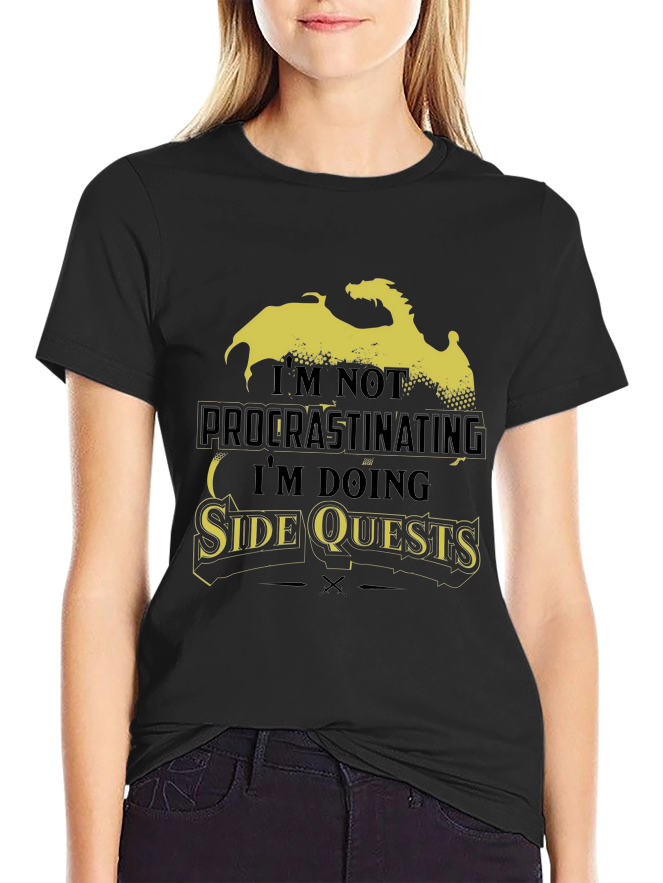 Side Quests Black Graphic Tee - Dragon Design