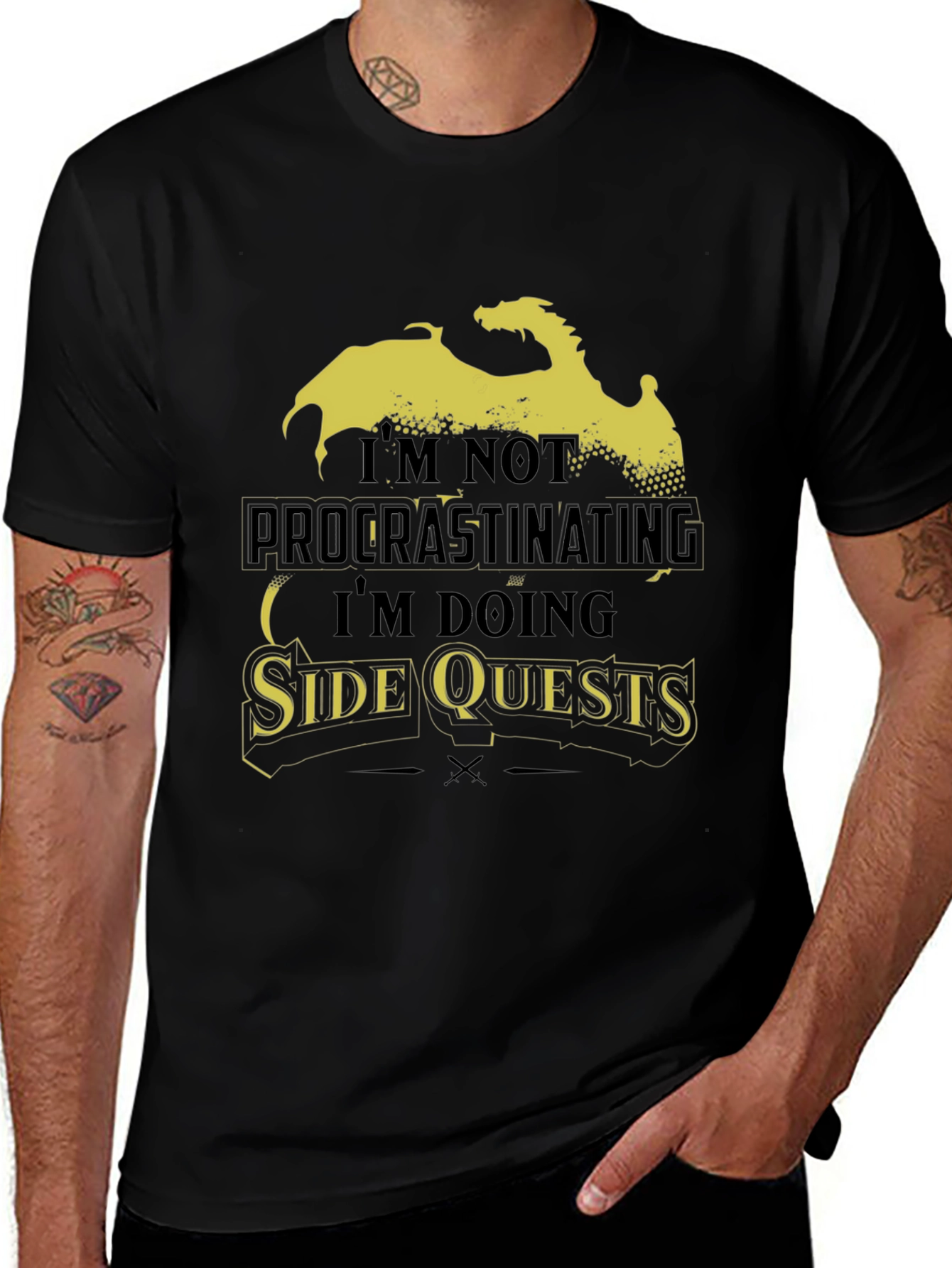 Side Quests Black Graphic Tee - Dragon Design