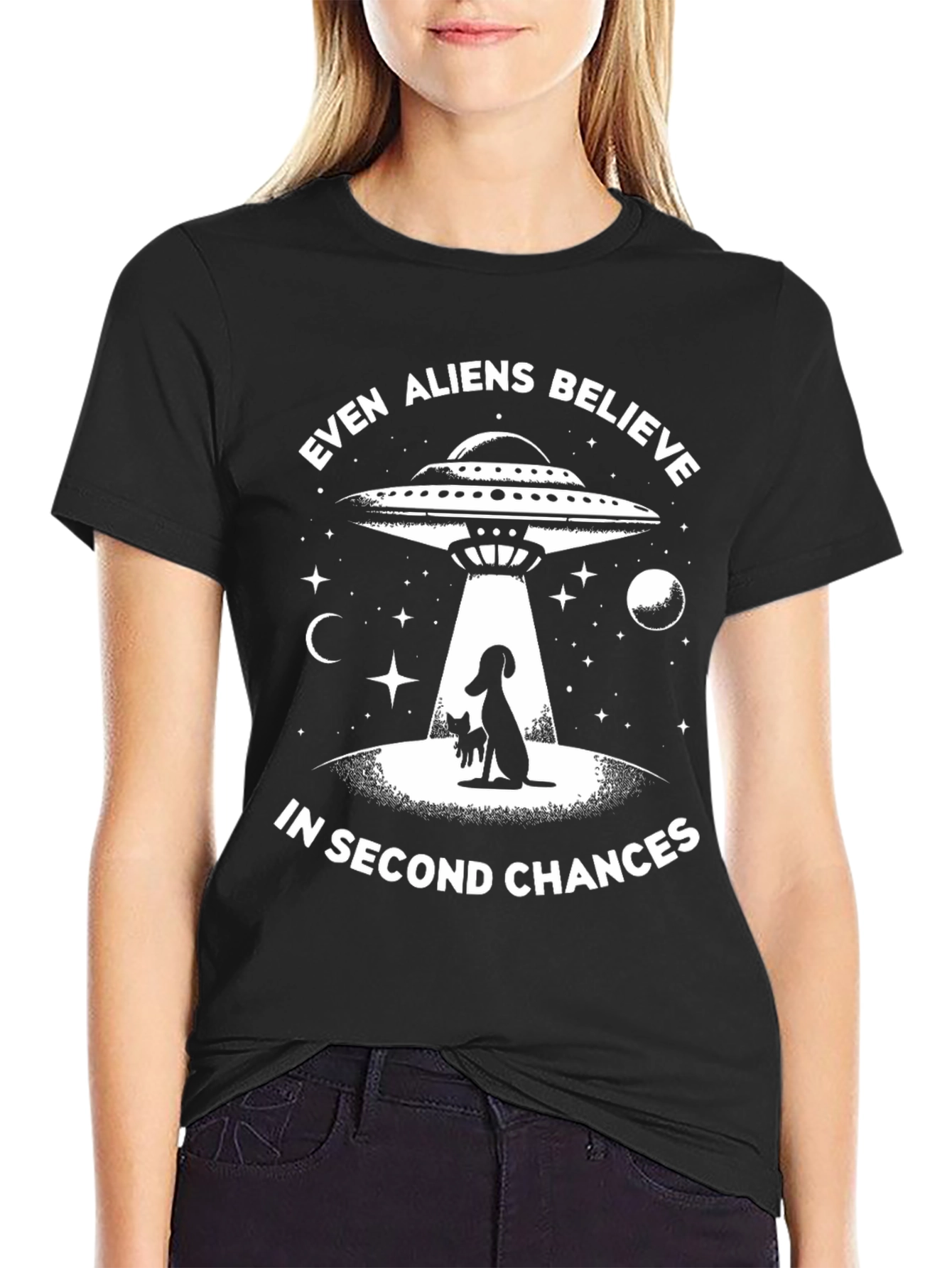 Even Aliens Believe Dog & Cat UFO Graphic T-Shirt