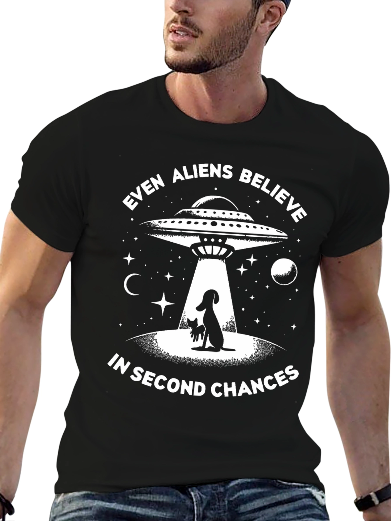 Even Aliens Believe Dog & Cat UFO Graphic T-Shirt