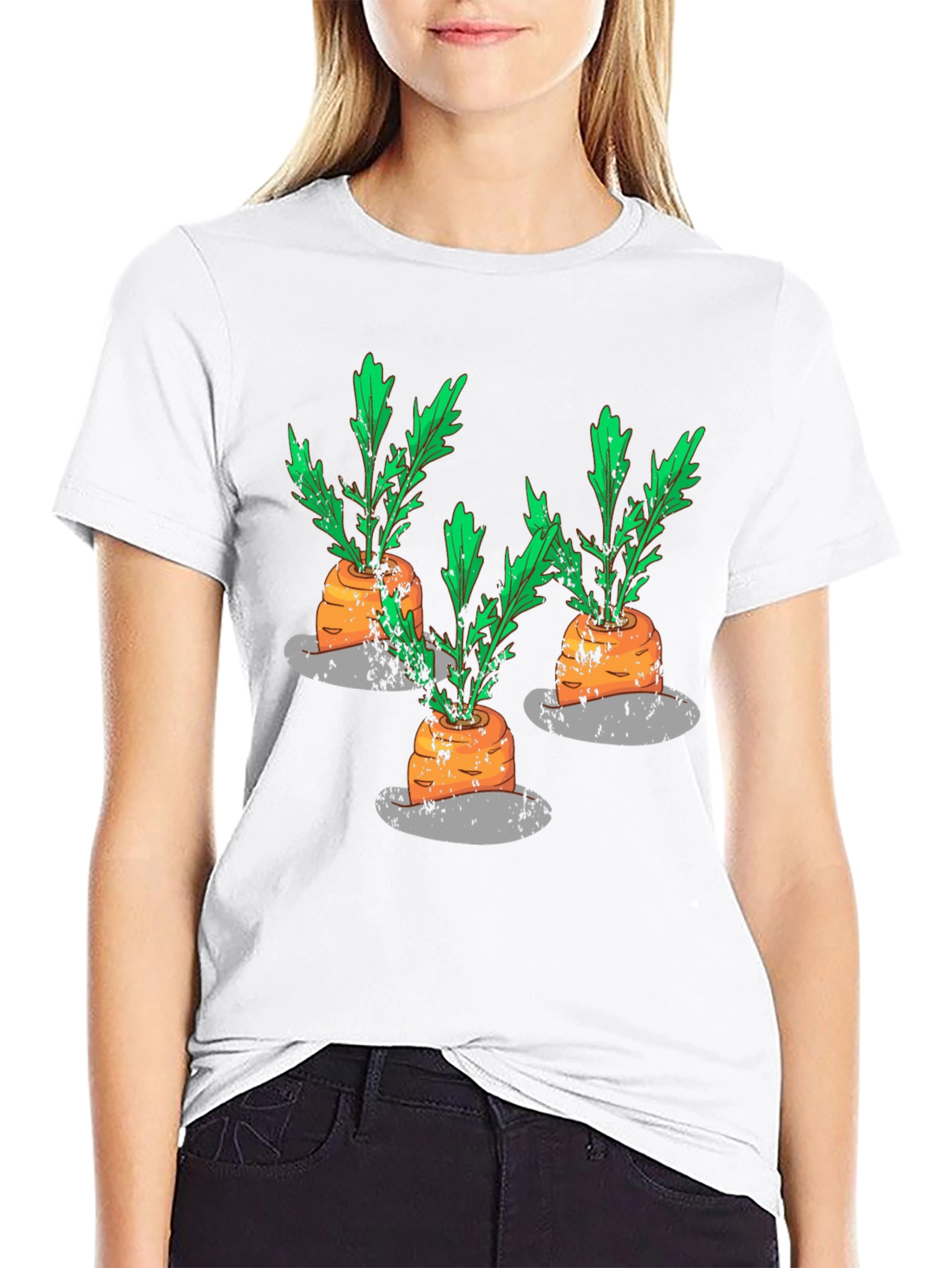 Whimsical Carrot Print Black T-Shirt