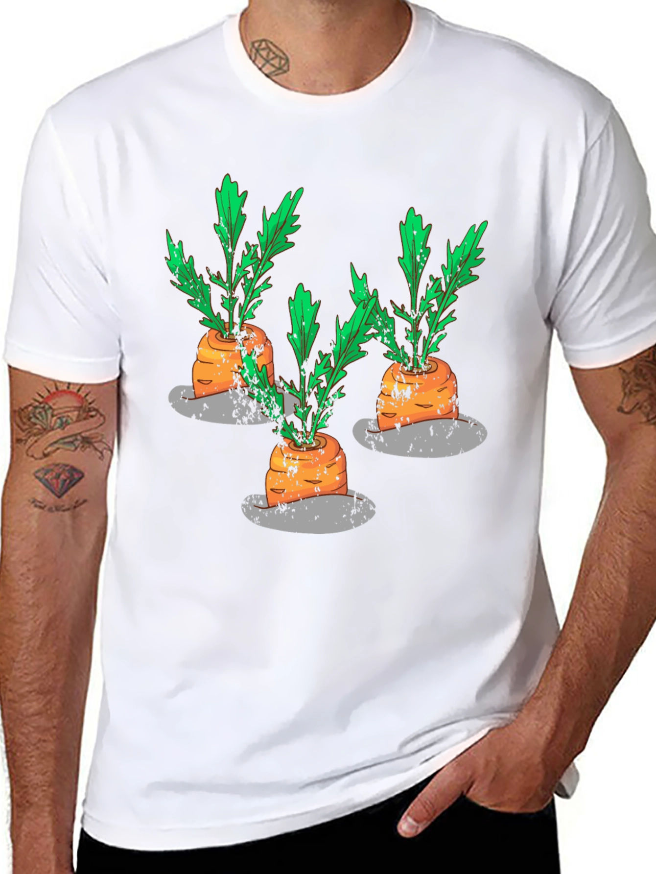 Whimsical Carrot Print Black T-Shirt