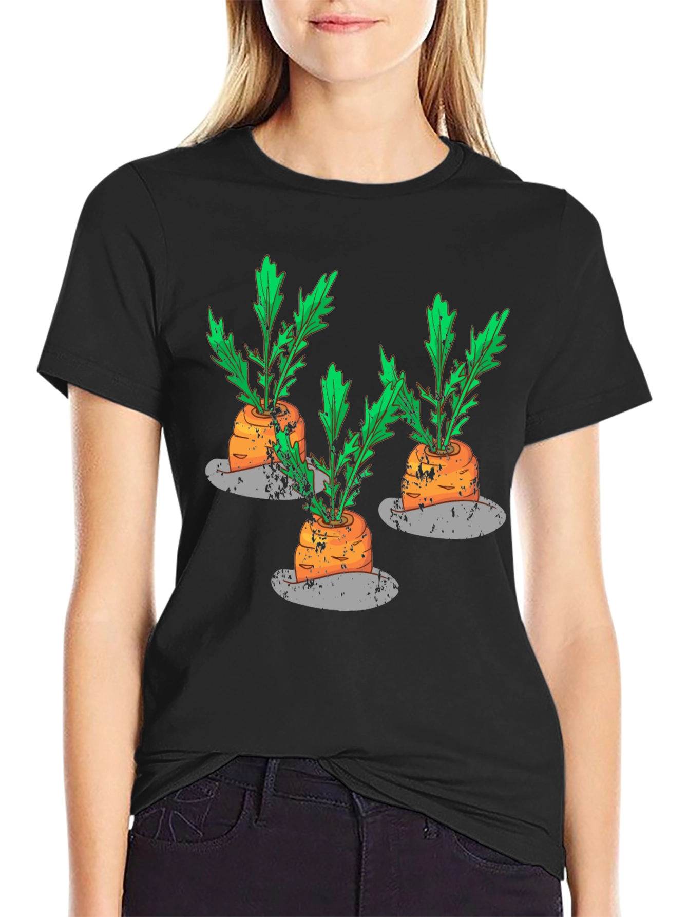 Whimsical Carrot Print Black T-Shirt