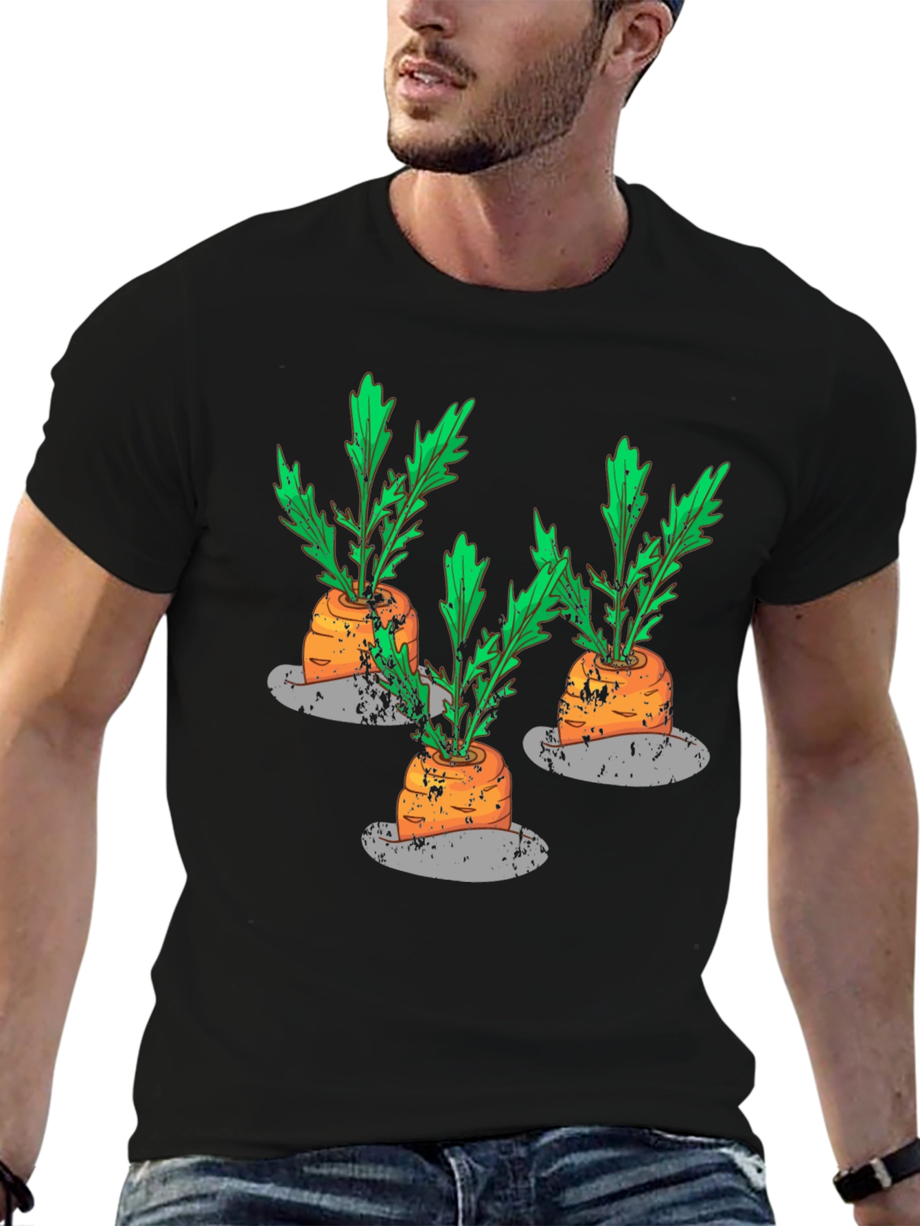 Whimsical Carrot Print Black T-Shirt