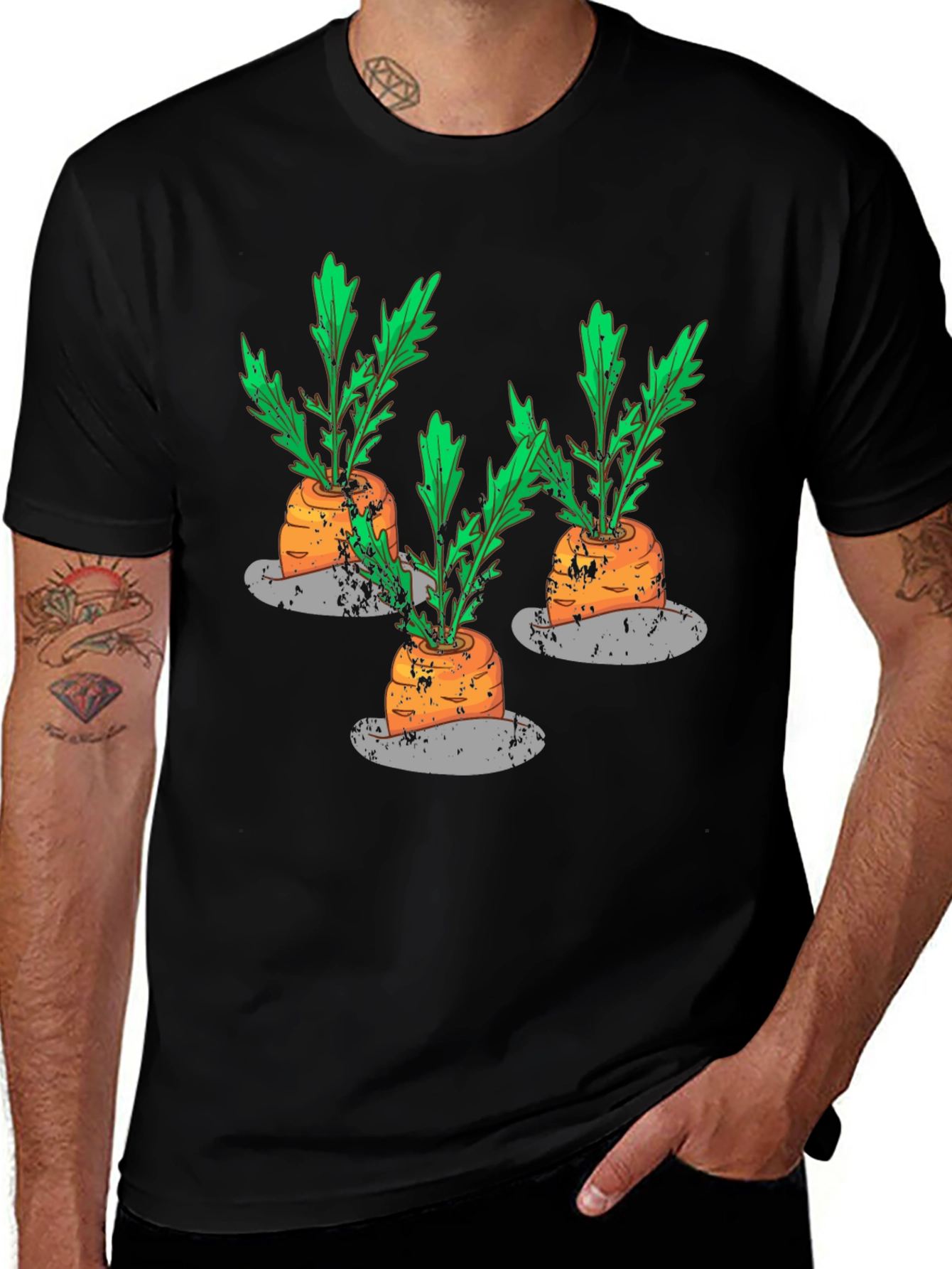 Whimsical Carrot Print Black T-Shirt