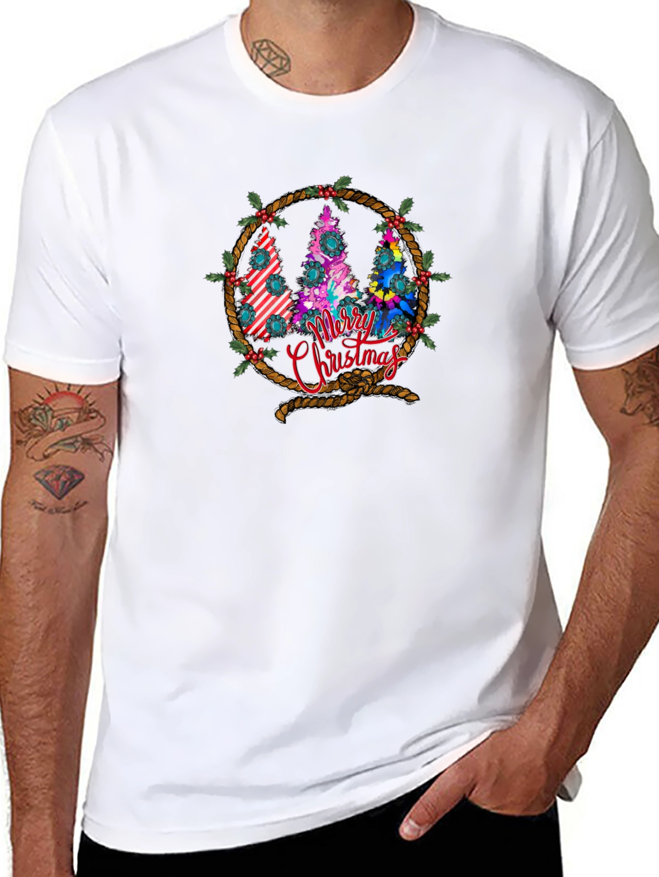 Merry Christmas Tree Wreath Graphic T-Shirt