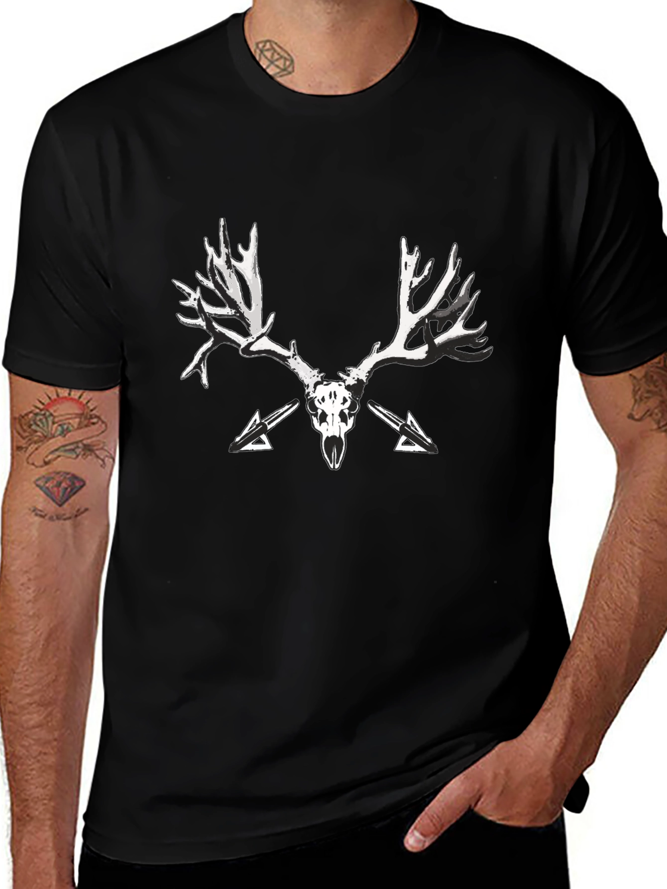 Black T-Shirt with Skull and Antler Graphic Print