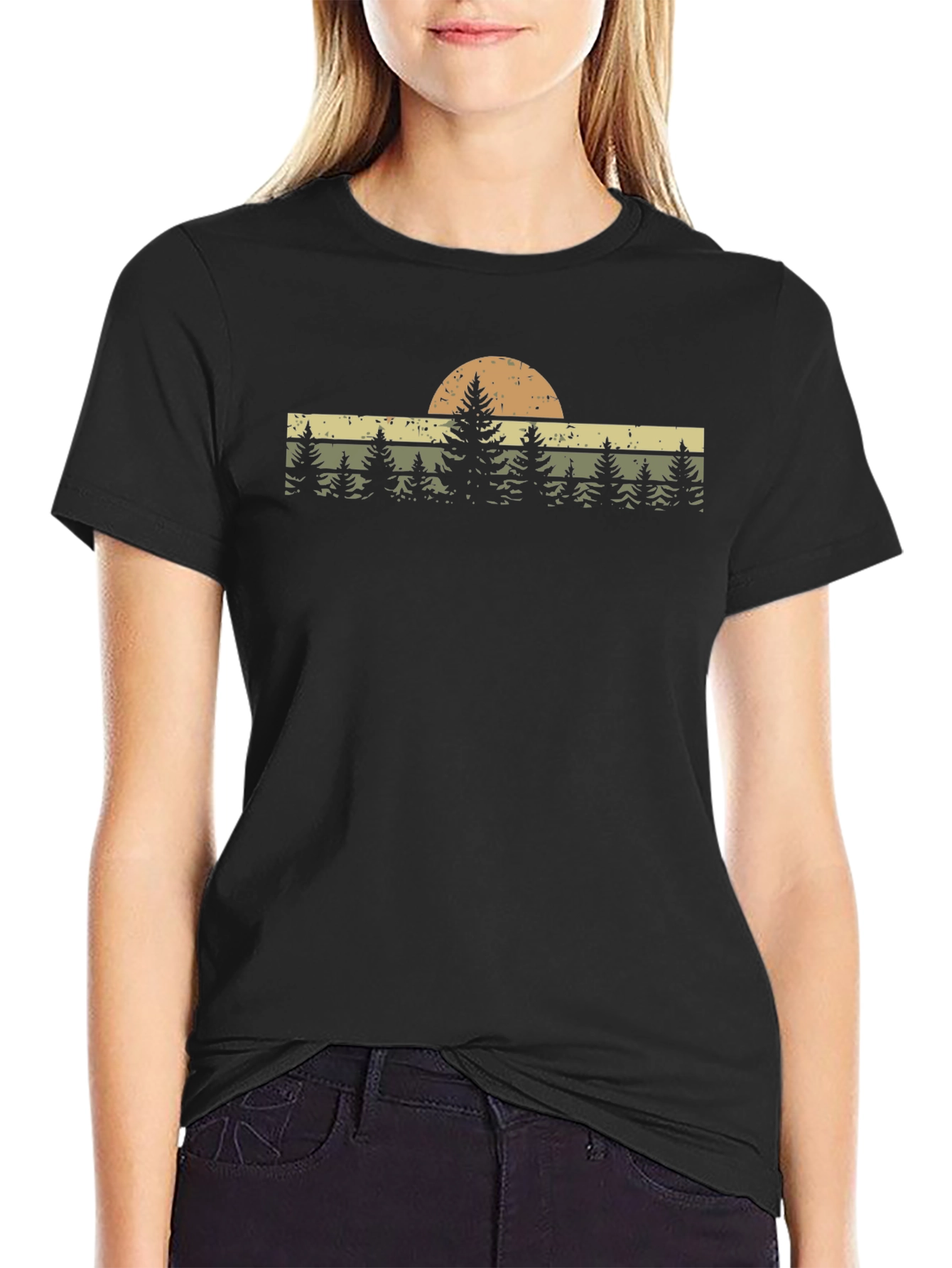 Retro Forest Sunset Graphic Tee - Black
