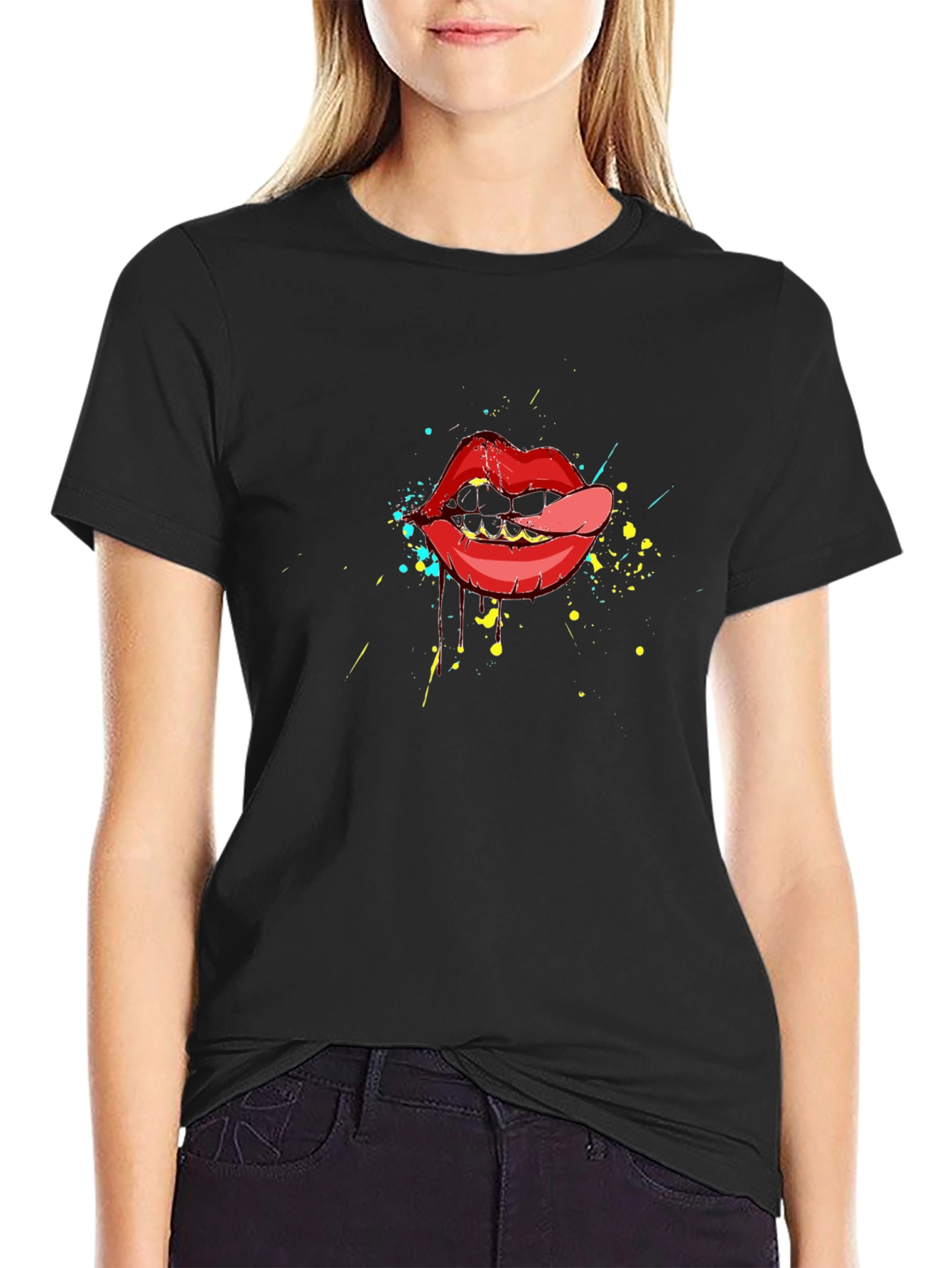 Lip Art Graphic Tee - Black Cotton T-Shirt