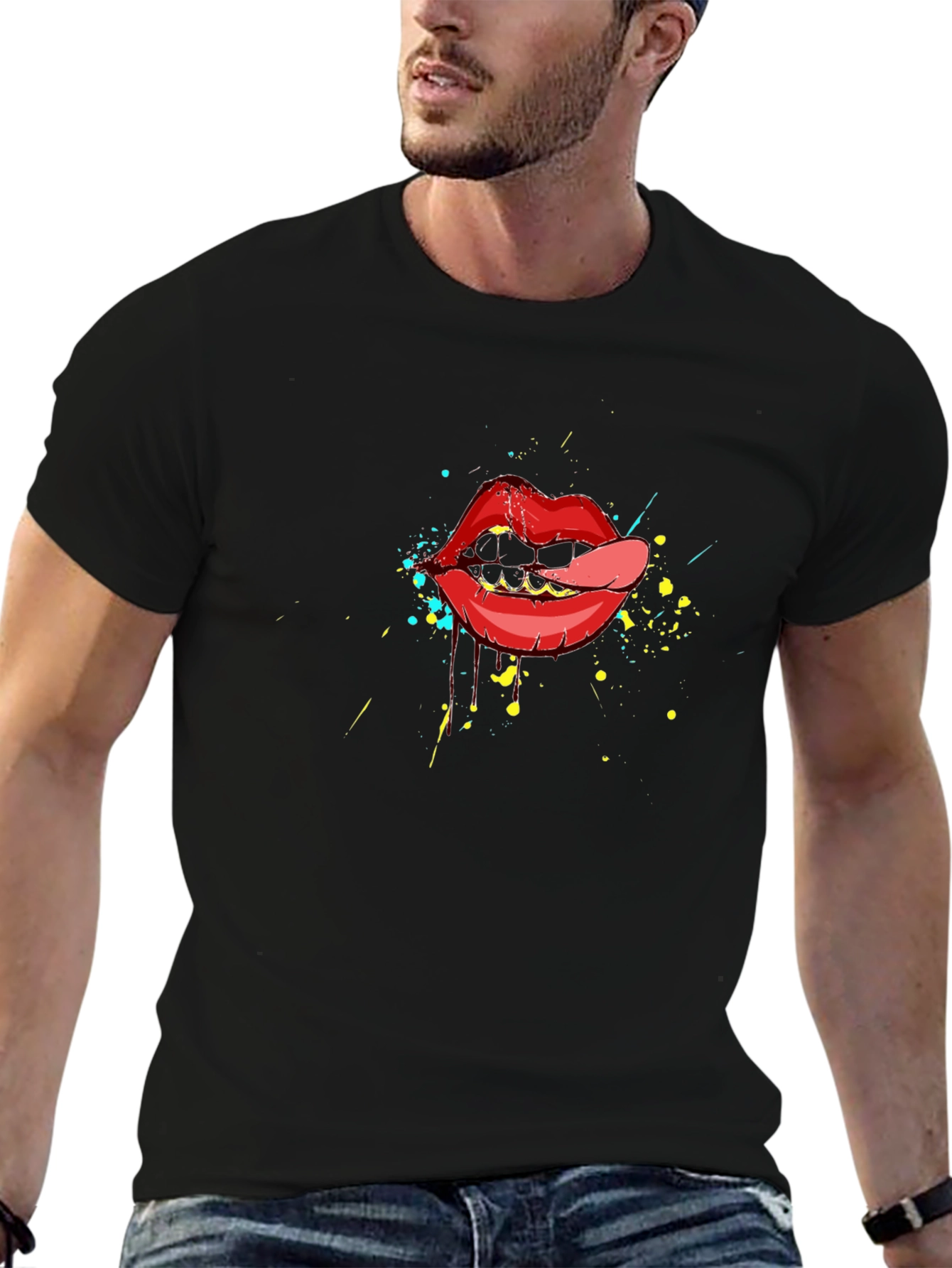 Lip Art Graphic Tee - Black Cotton T-Shirt
