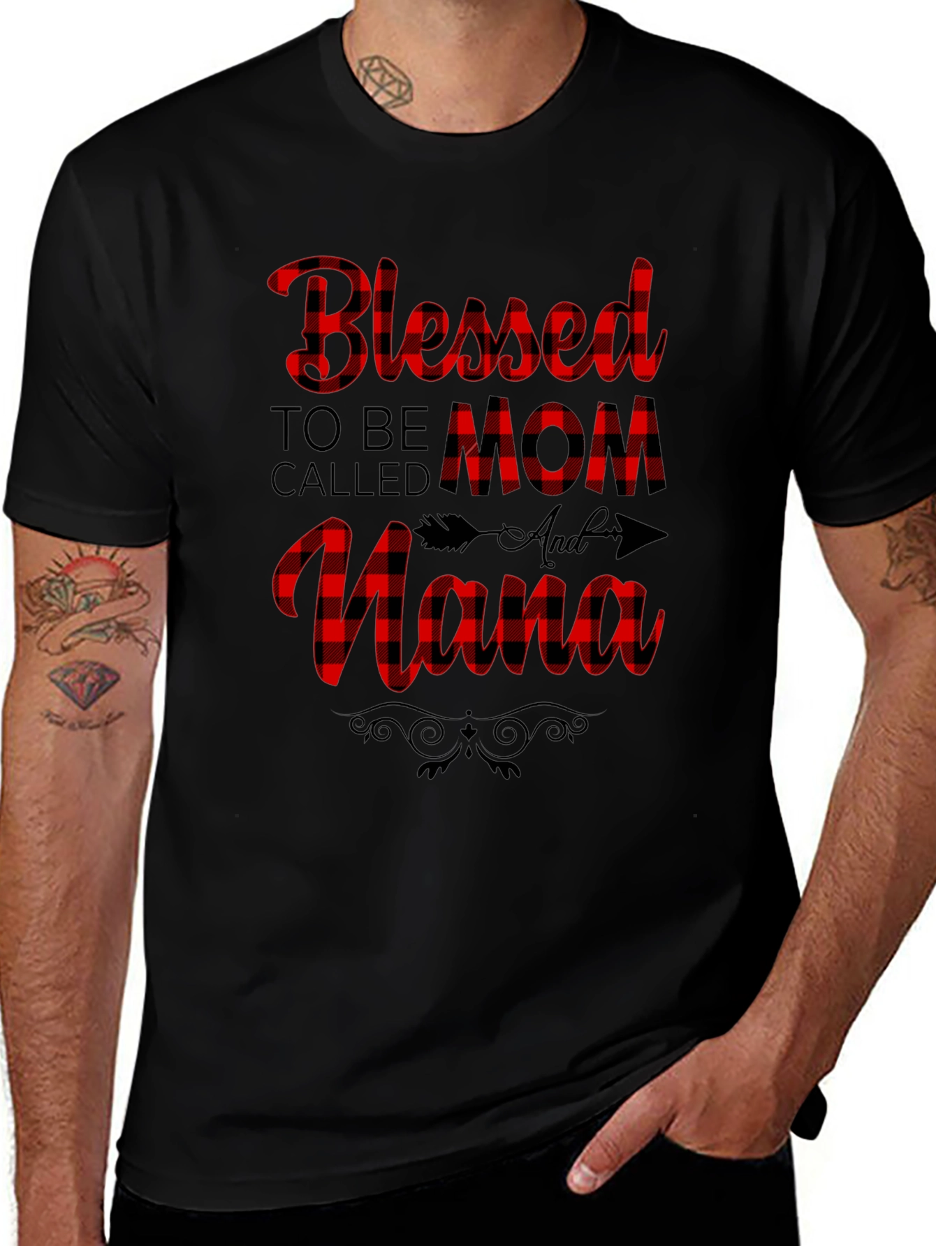Blessed Mom & Nana Plaid Graphic Tee - Black