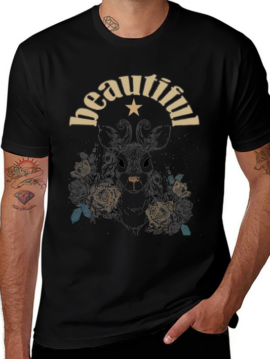 Beautiful Floral Deer Graphic Tee - Black Cotton Blend