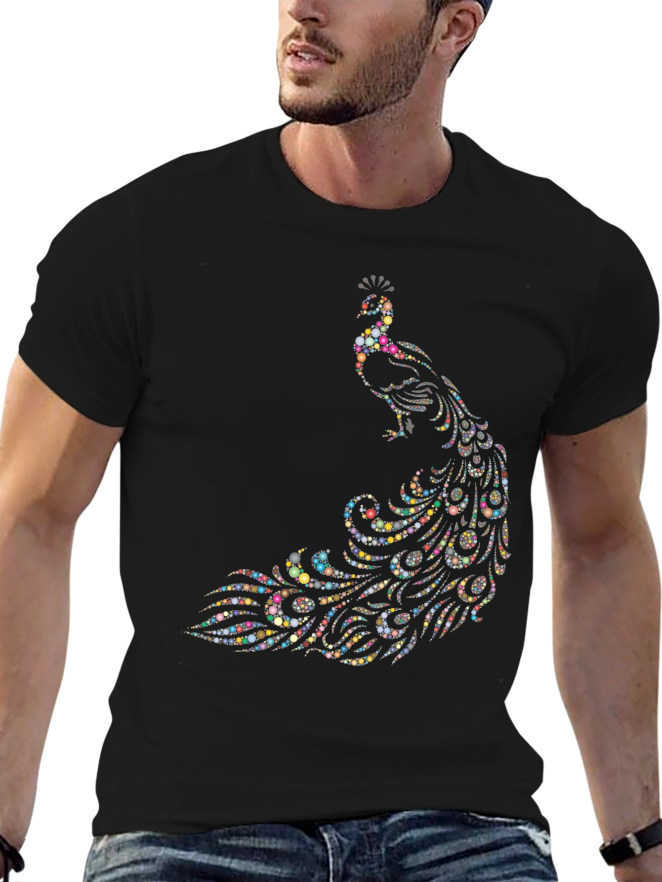 Peacock Dot Art Graphic Black T-Shirt