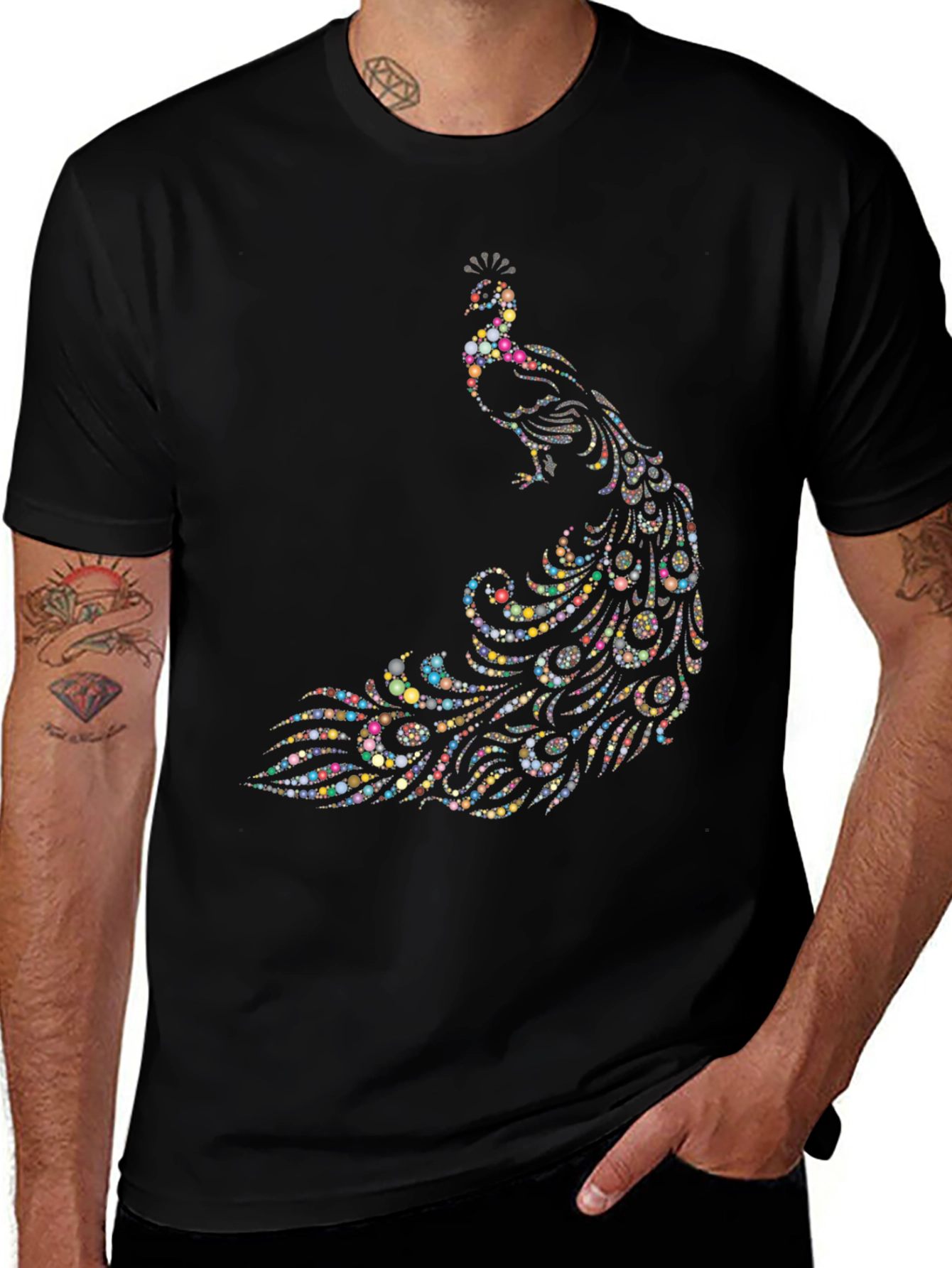 Peacock Dot Art Graphic Black T-Shirt