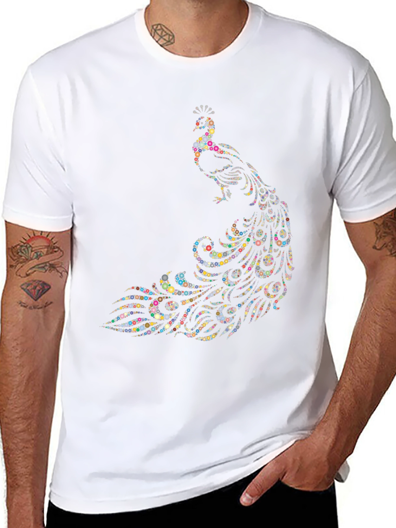 Peacock Dot Art Graphic Black T-Shirt