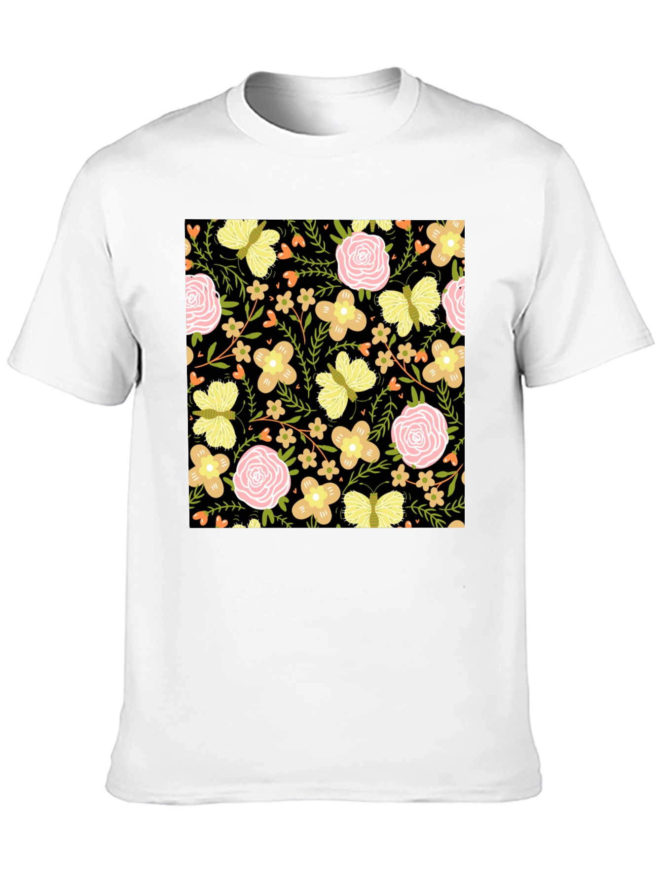 Floral & Butterfly Print Black T-Shirt