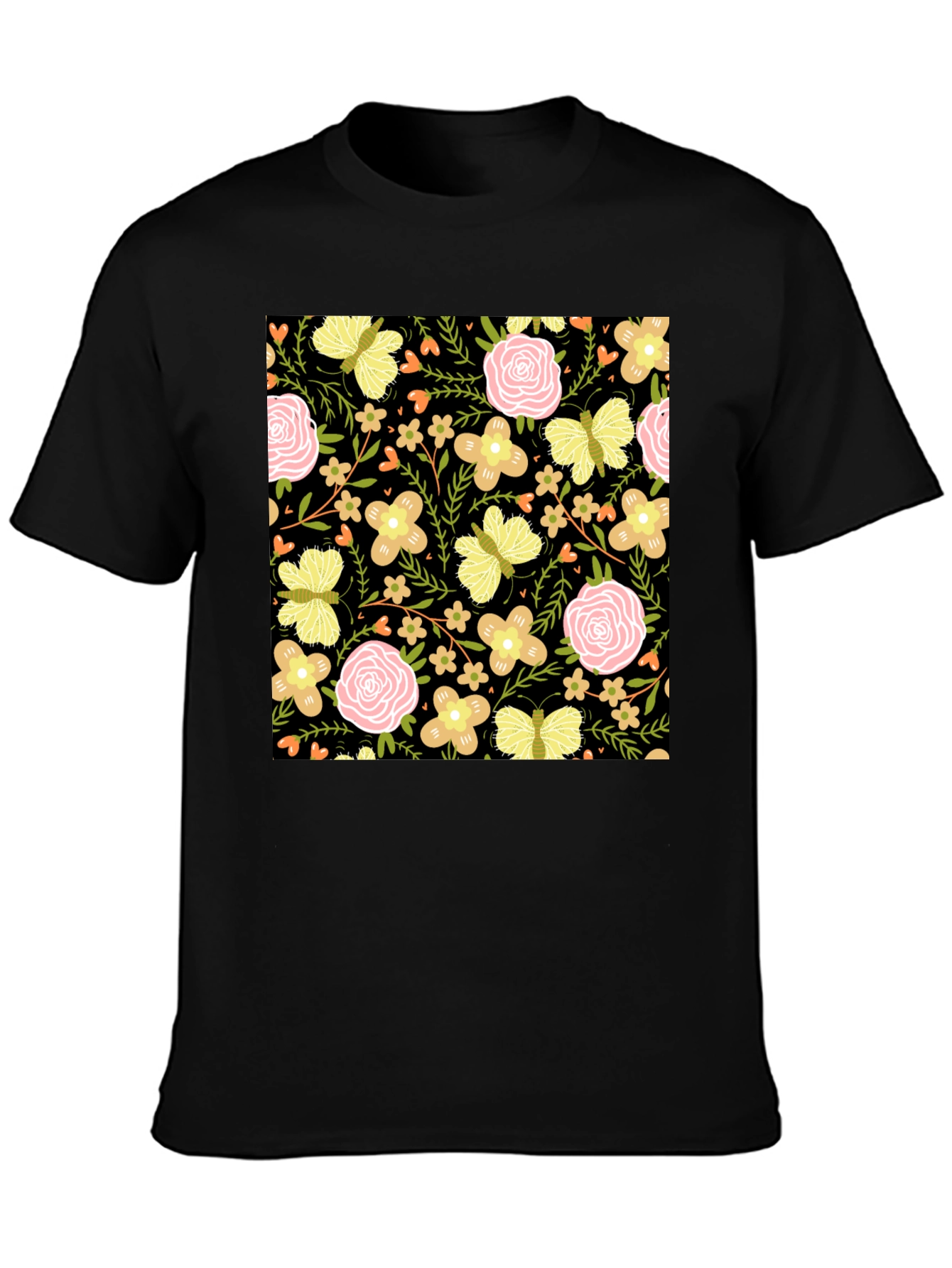 Floral & Butterfly Print Black T-Shirt