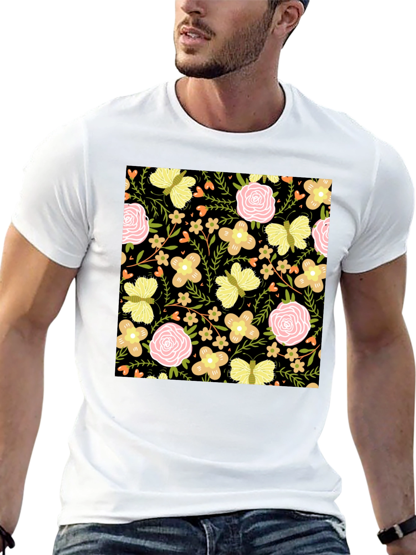 Floral & Butterfly Print Black T-Shirt