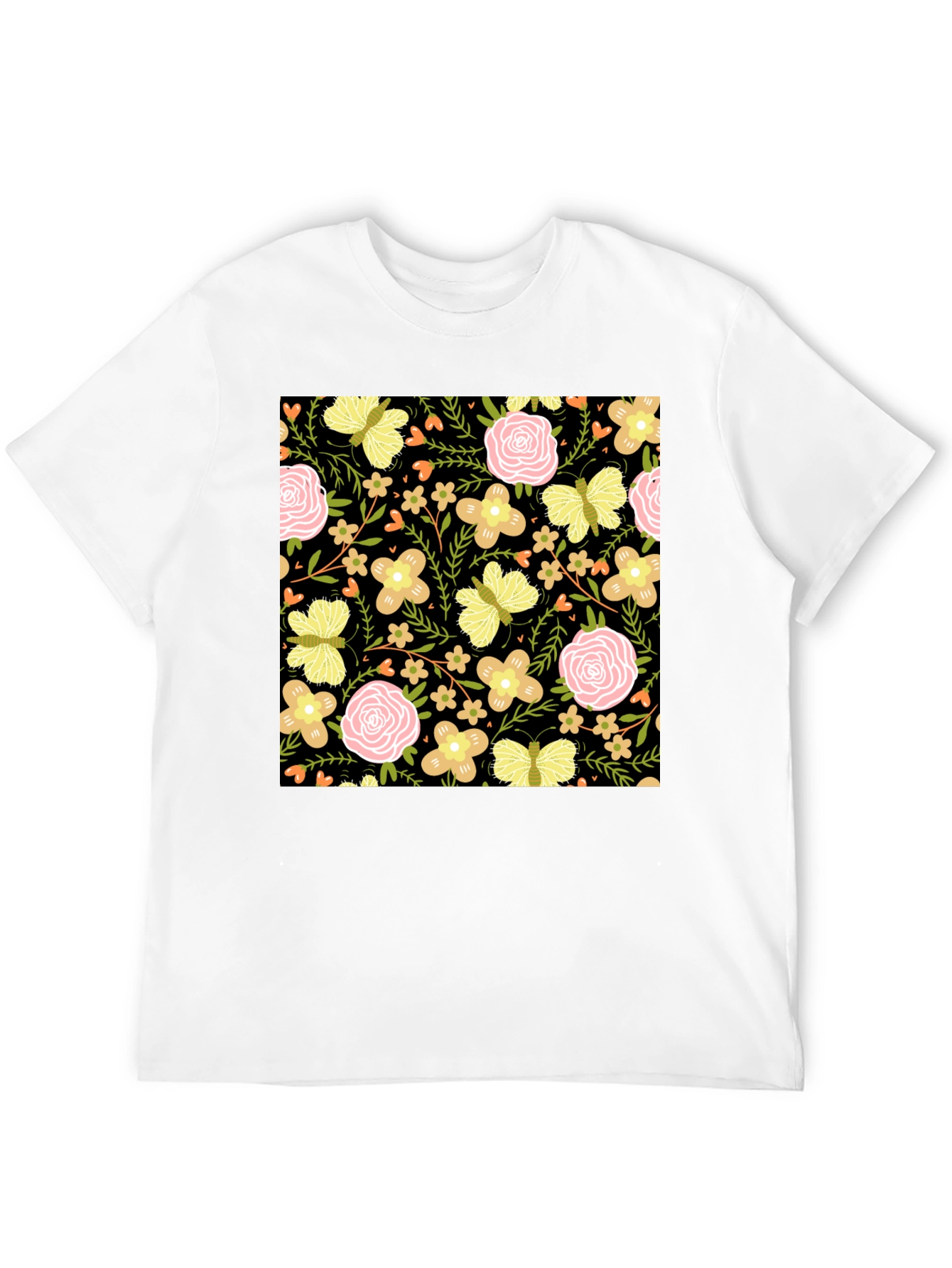 Floral & Butterfly Print Black T-Shirt