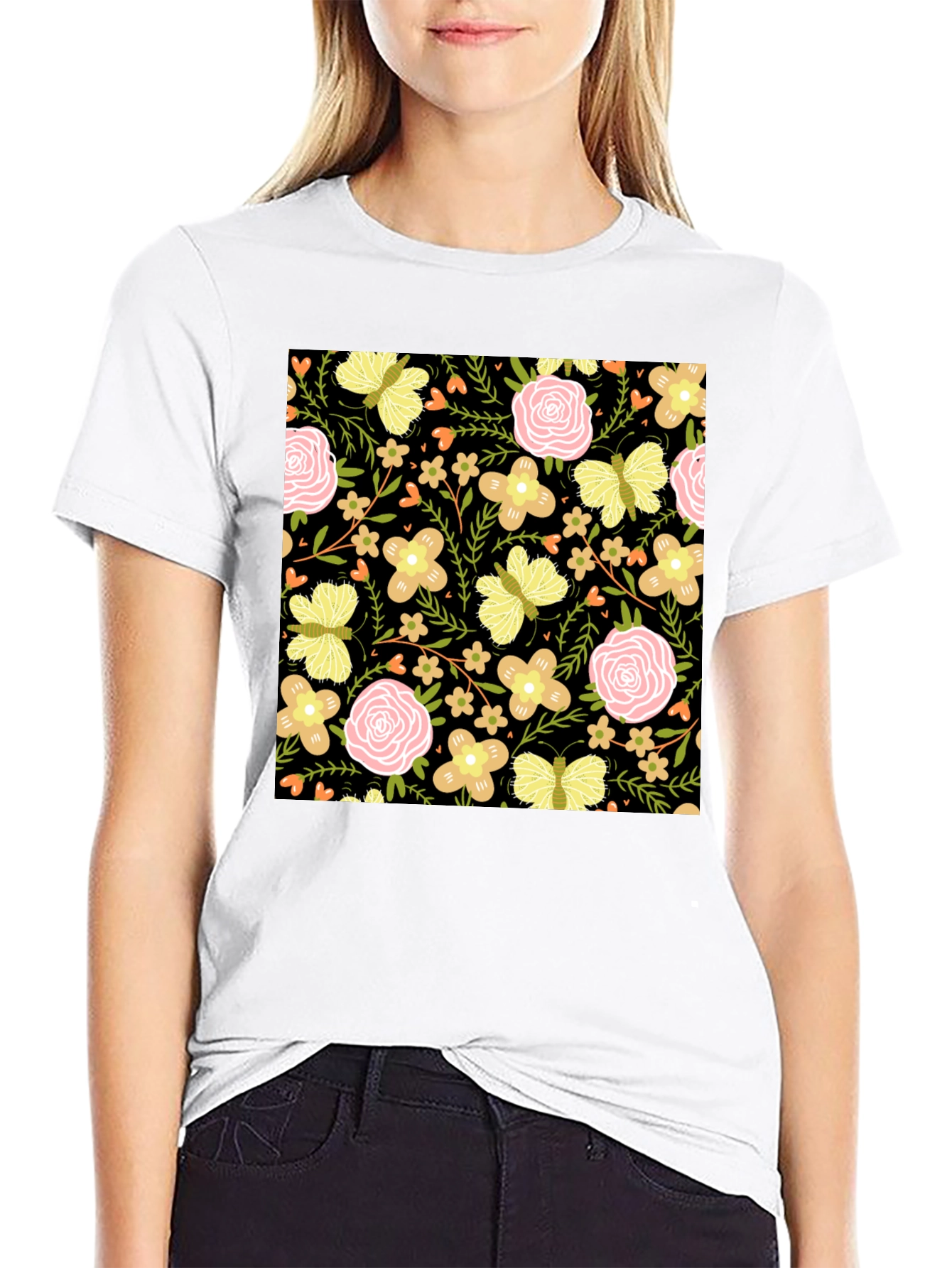Floral & Butterfly Print Black T-Shirt