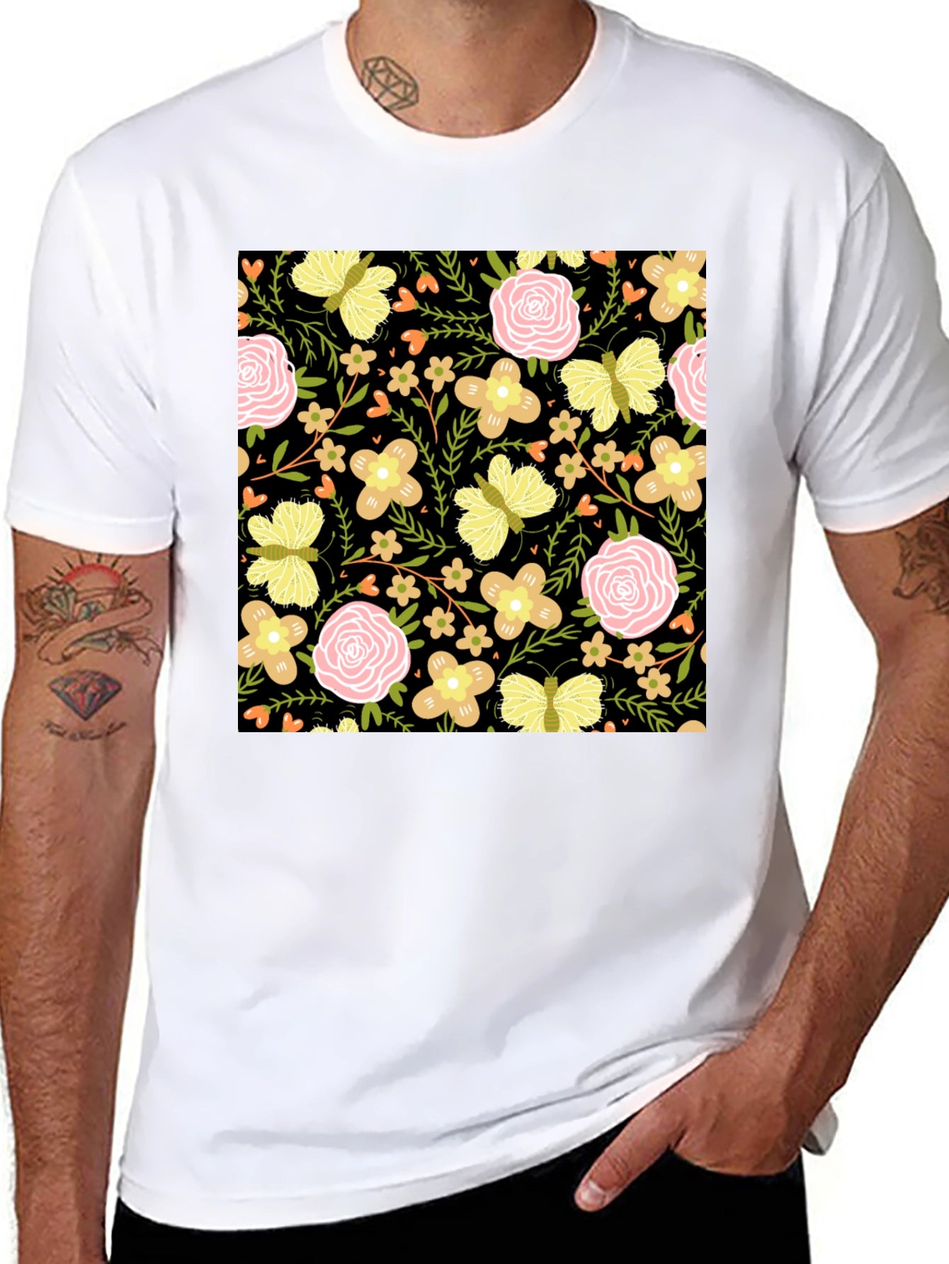 Floral & Butterfly Print Black T-Shirt