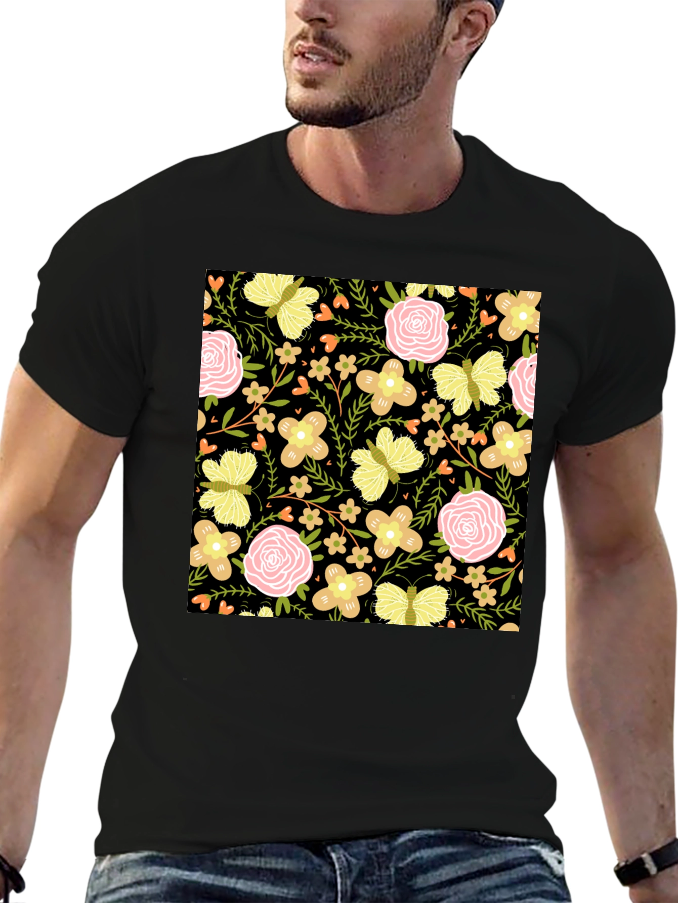Floral & Butterfly Print Black T-Shirt