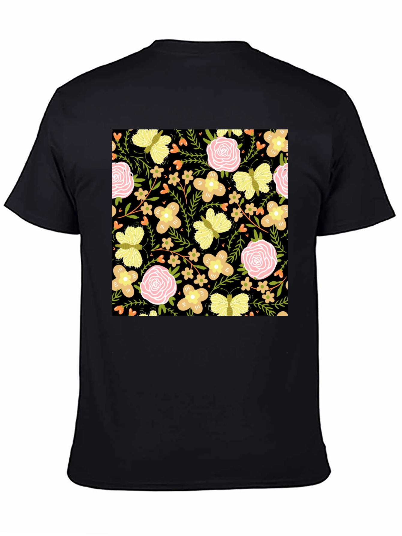 Floral & Butterfly Print Black T-Shirt