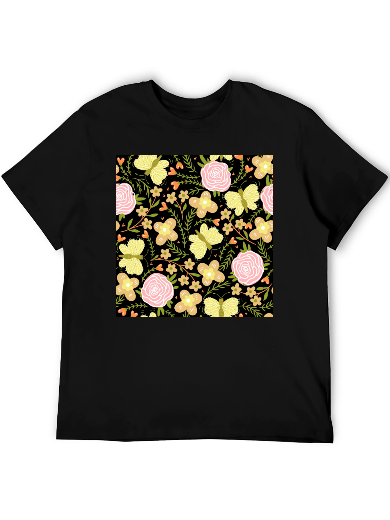 Floral & Butterfly Print Black T-Shirt