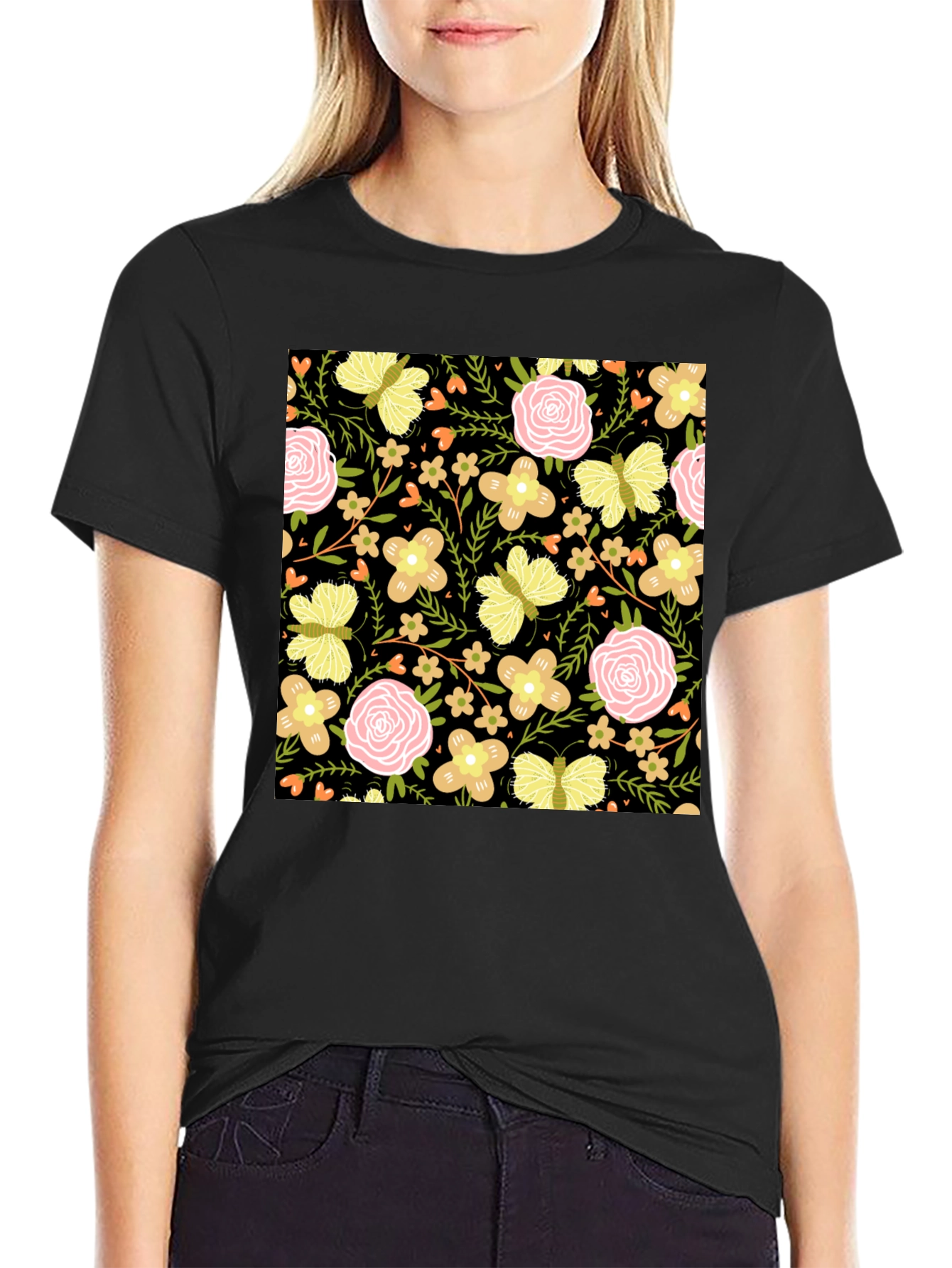 Floral & Butterfly Print Black T-Shirt
