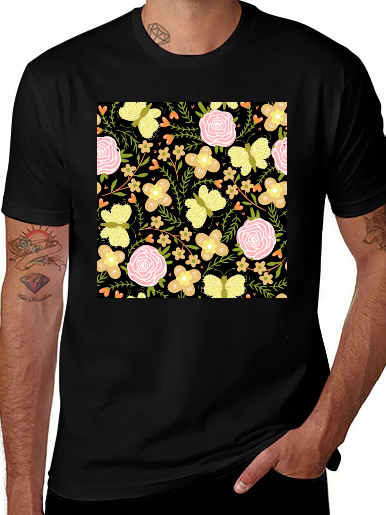 Floral & Butterfly Print Black T-Shirt