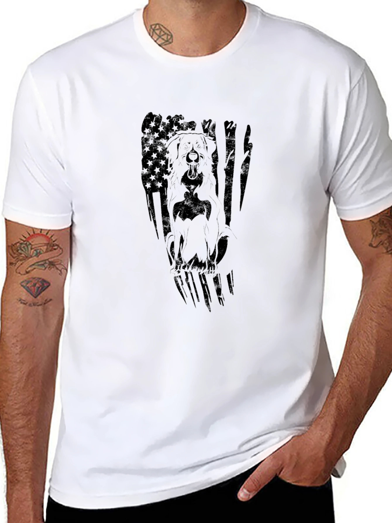 Dog American Flag Graphic Print Black T-Shirt