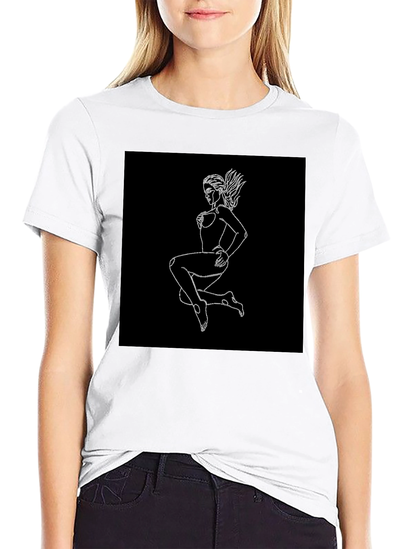 Black T-Shirt with Graphic Print - Woman Outline