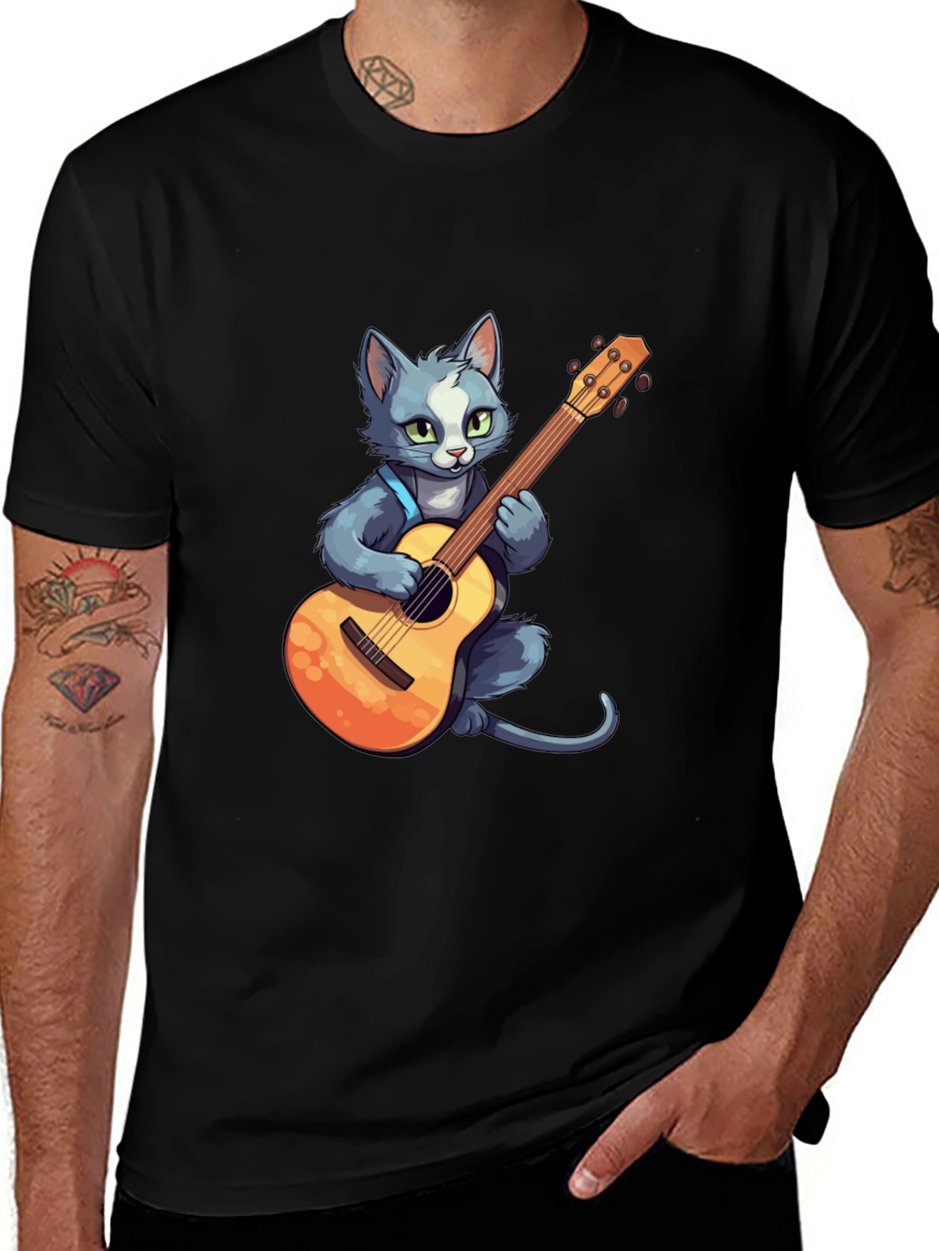 Cat Guitarist T-Shirt - Black Cotton Tee