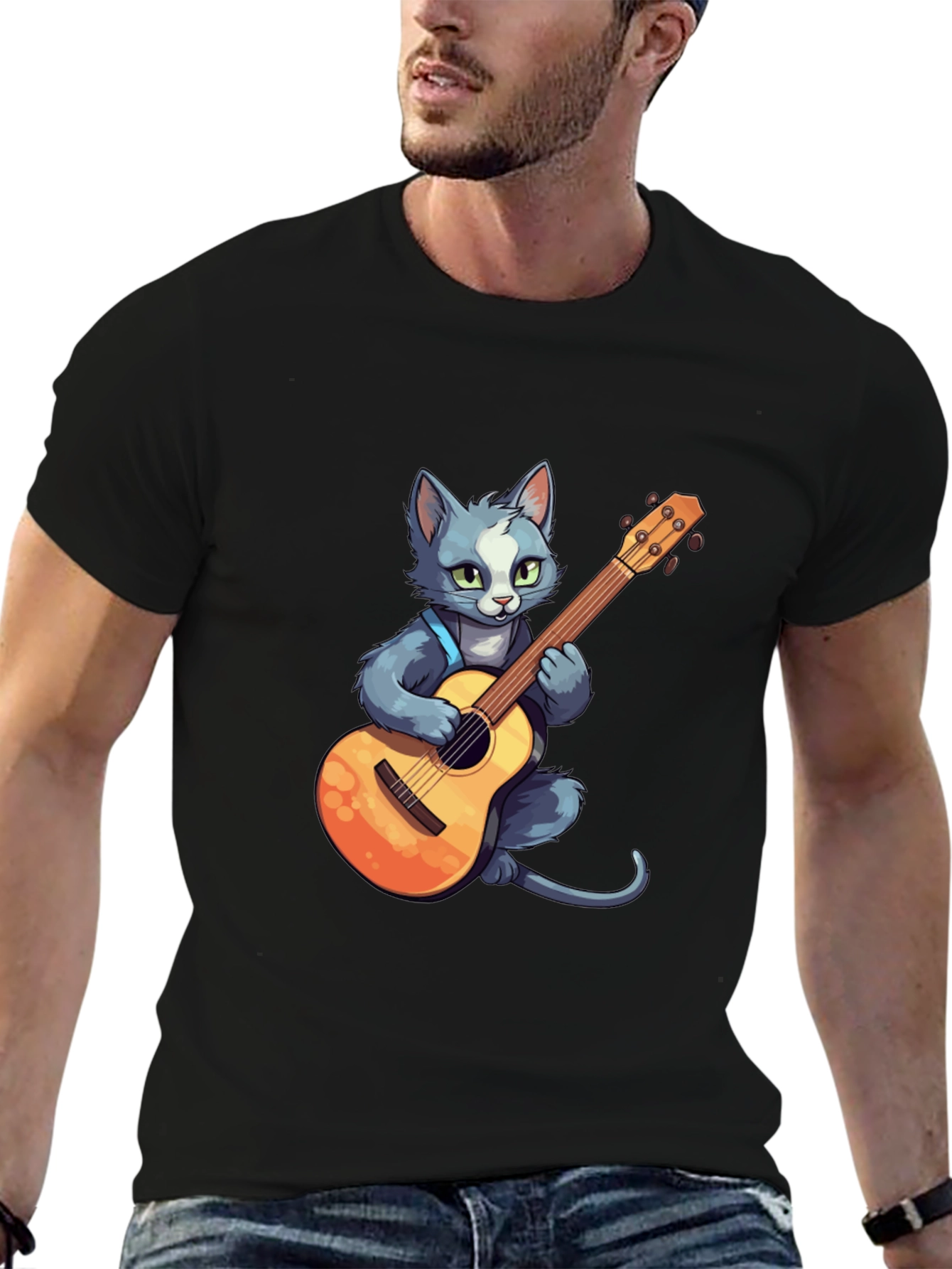 Cat Guitarist T-Shirt - Black Cotton Tee