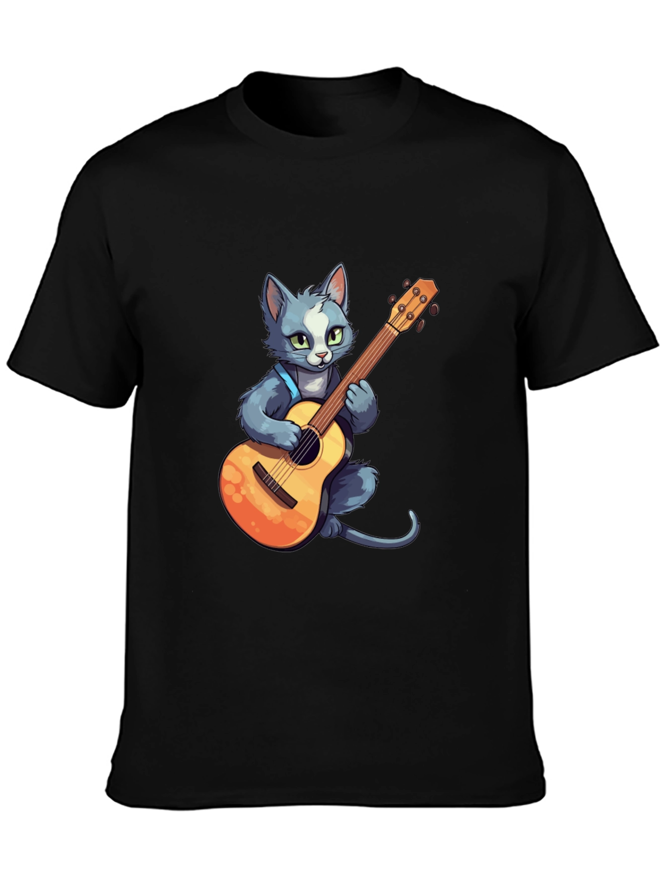 Cat Guitarist T-Shirt - Black Cotton Tee