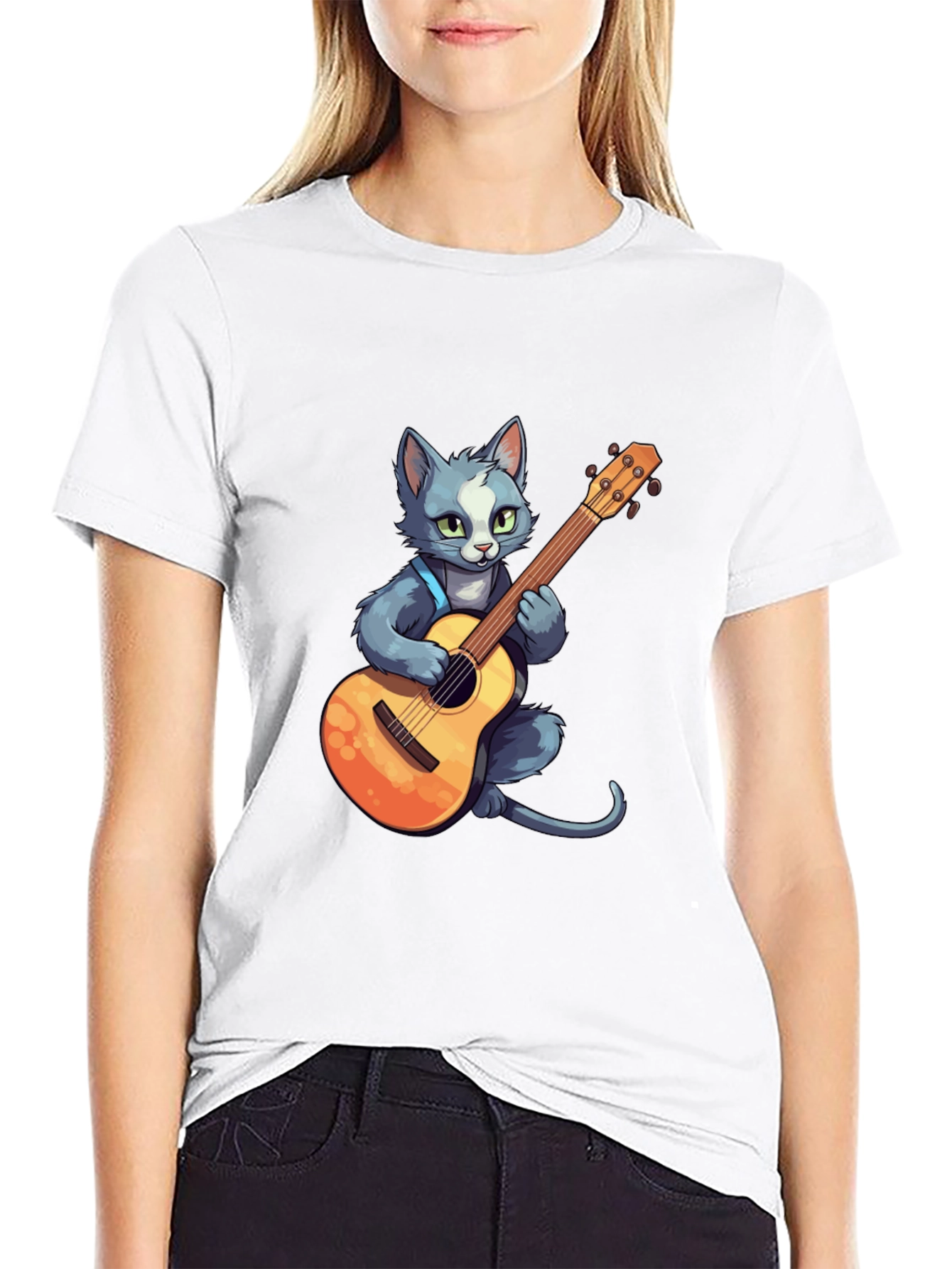 Cat Guitarist T-Shirt - Black Cotton Tee