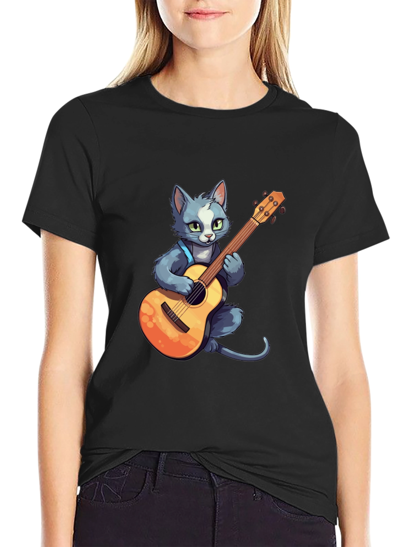 Cat Guitarist T-Shirt - Black Cotton Tee
