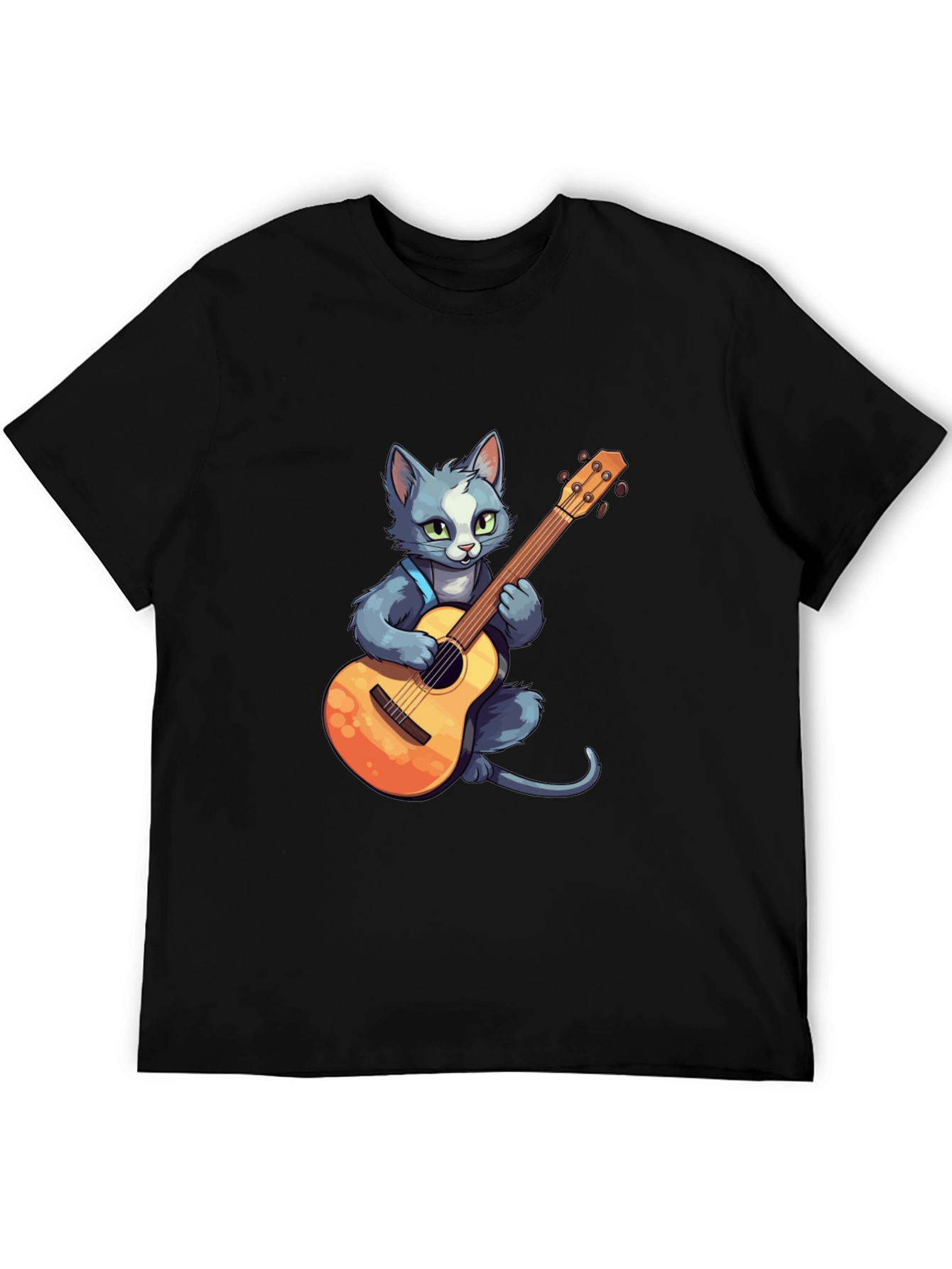 Cat Guitarist T-Shirt - Black Cotton Tee