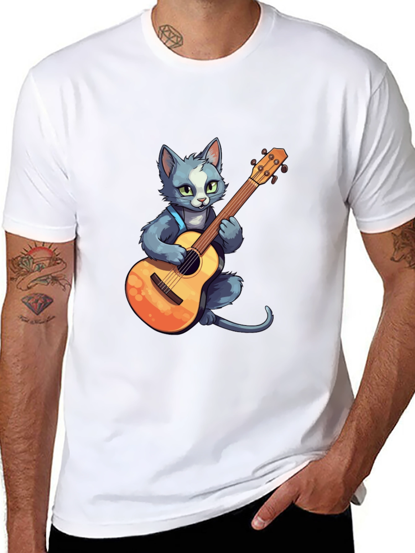 Cat Guitarist T-Shirt - Black Cotton Tee