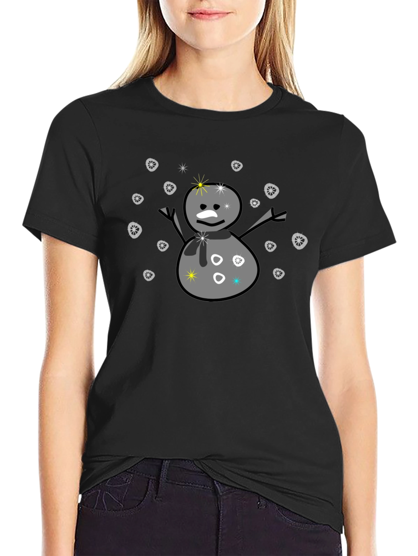 Snowman Graphic Tee - Black Cotton Blend T-Shirt